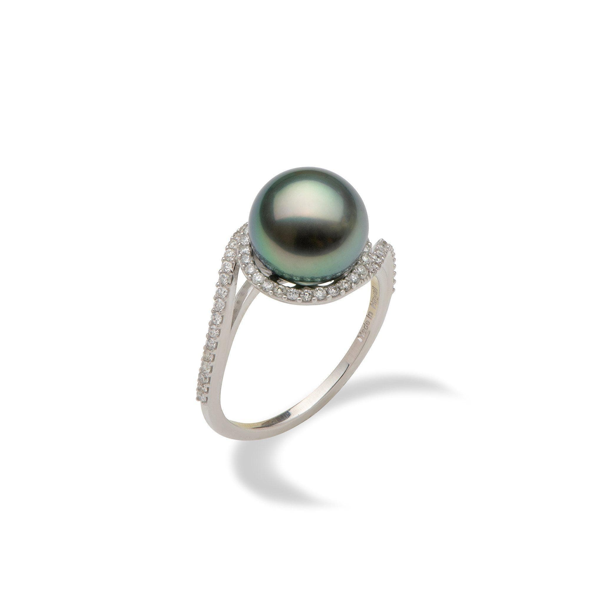 Tahitian Black Pearl Ring with Diamonds in 14K White Gold (9-10mm)-Maui Divers Jewelry