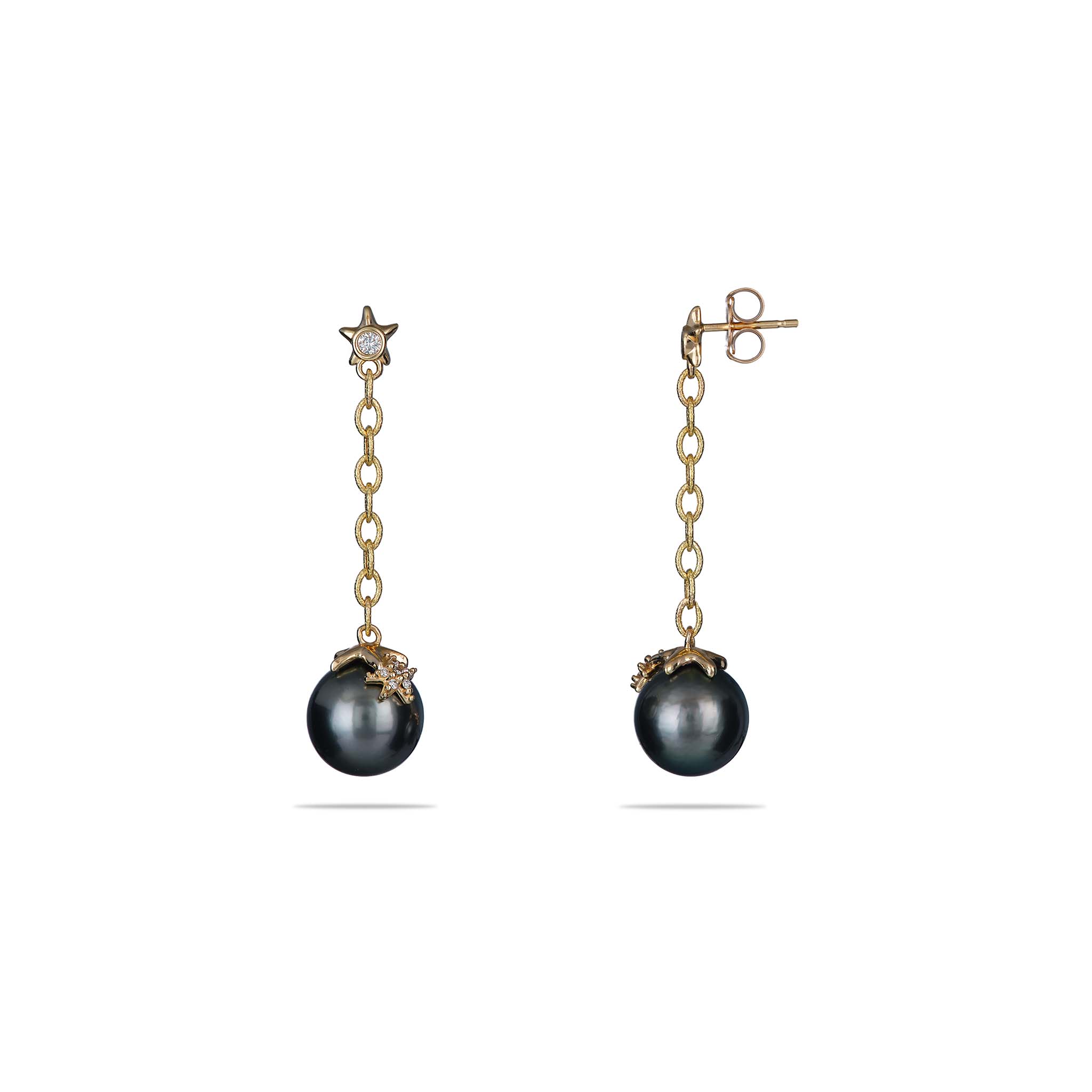 Reefs Starfish Tahitian Black Pearl Earrings in gold with Diamonds - 10-11mm - Maui Divers Jewelry