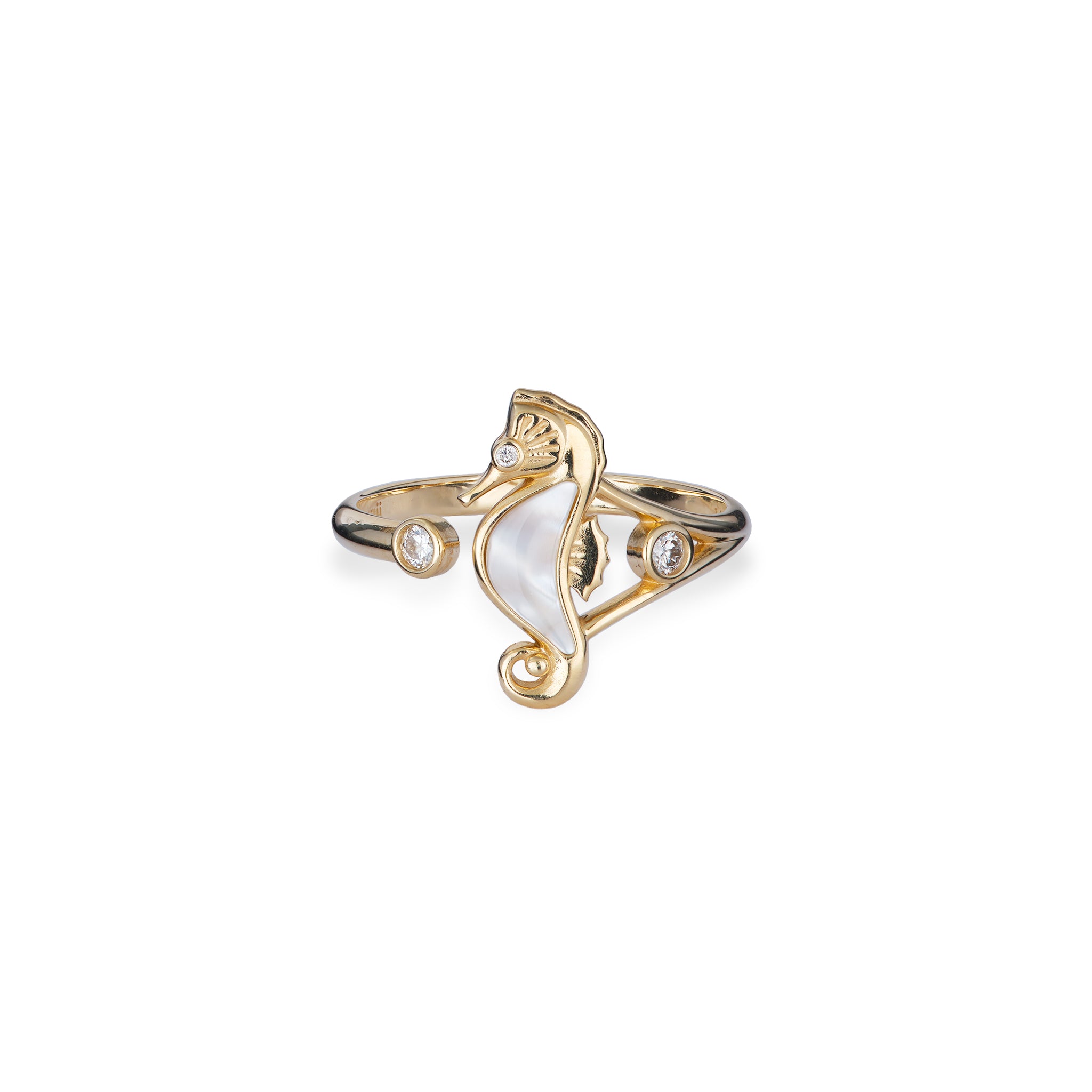 Sealife Seahorse Mother of Pearl Ring in Gold with Diamonds - 15mm - Maui Divers Jewelry