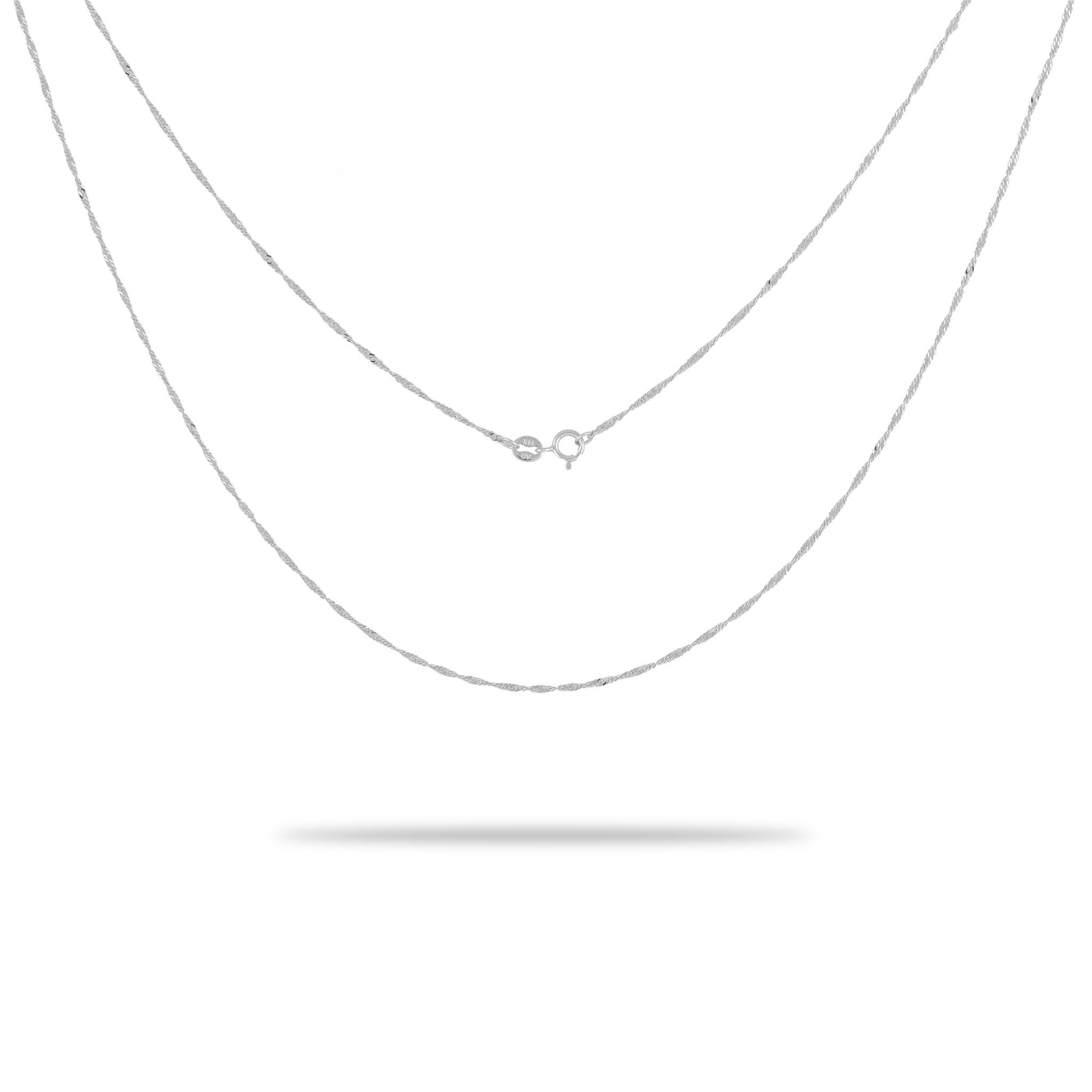 a 1.0mm Singapore Chain in White Gold with a clasp on a white background from Maui Divers Jewelry.