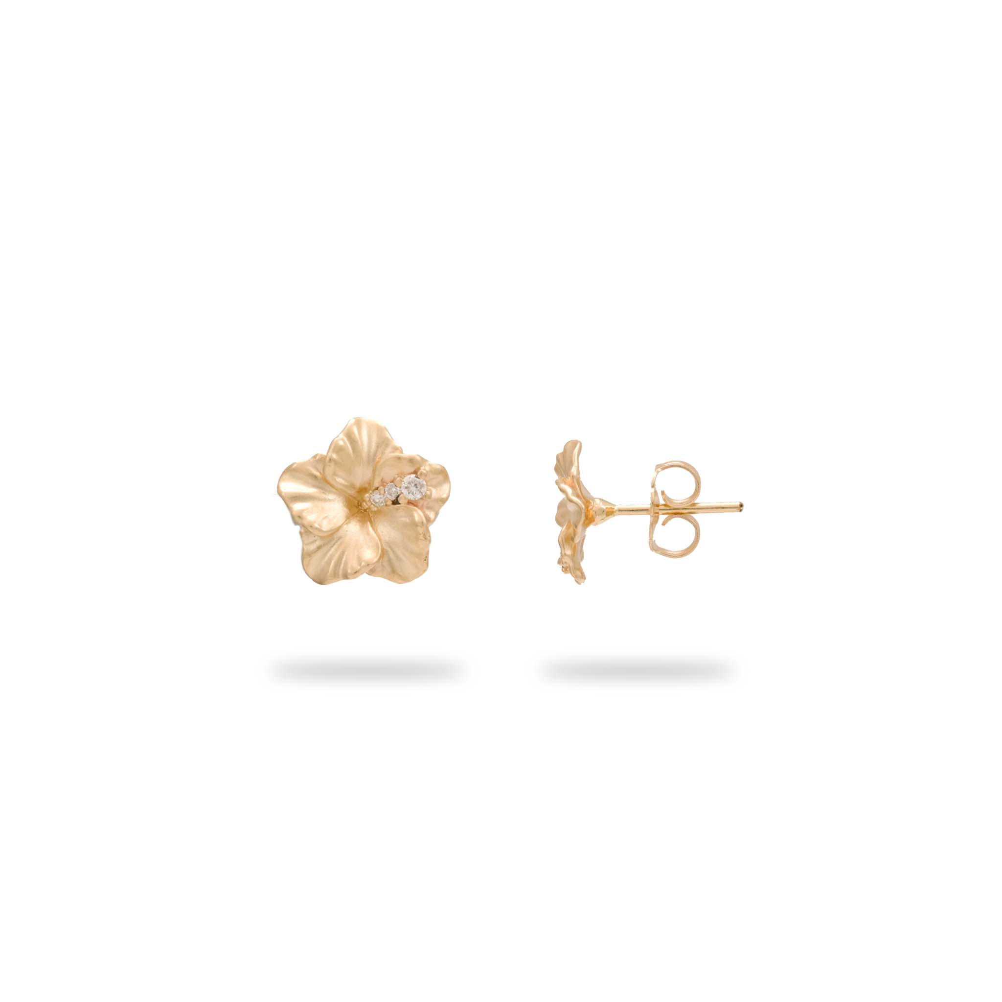 Hawaiian Gardens Hibiscus Earrings in Gold with Diamonds - 9.5mm - Maui Divers Jewelry