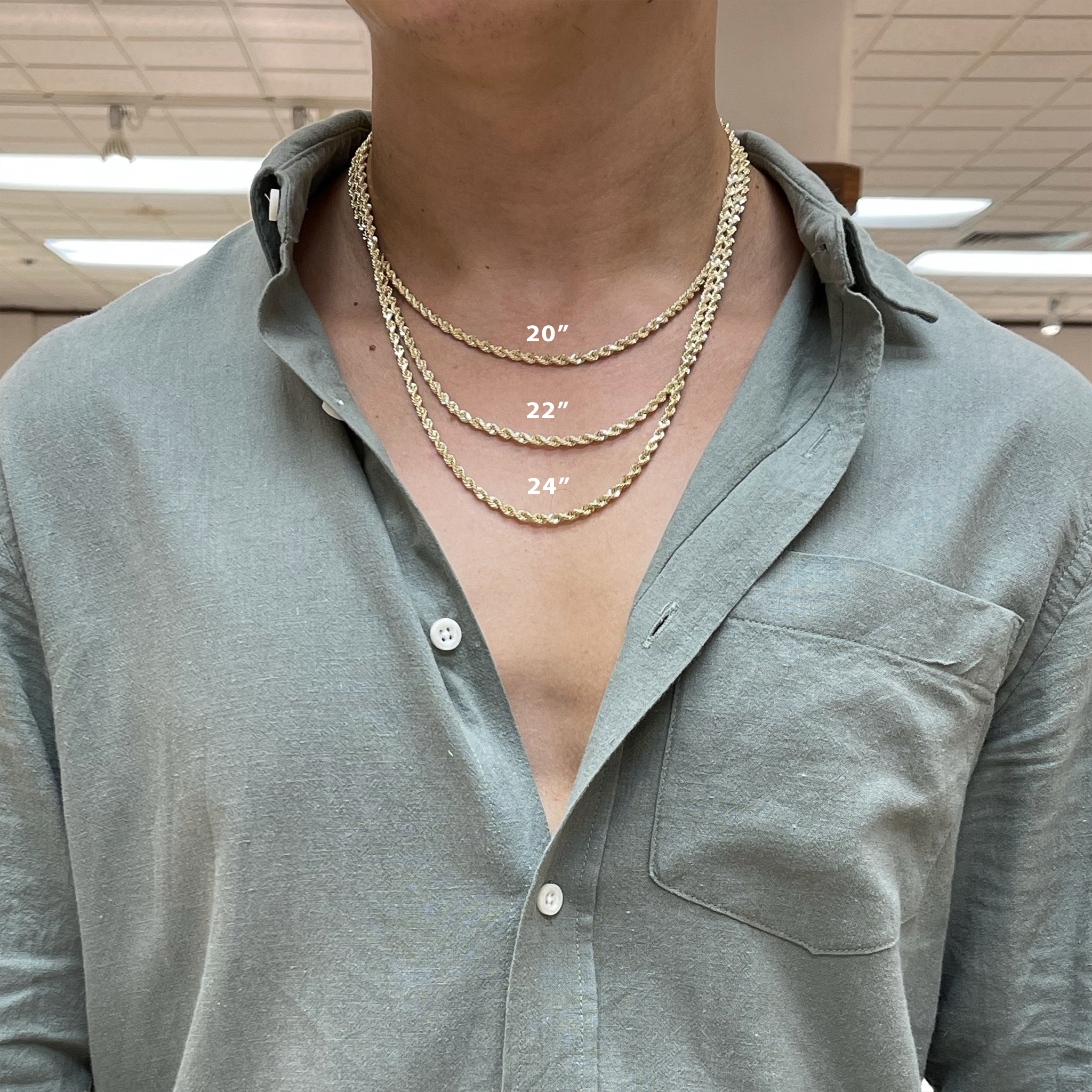 A man wearing three different sizes of 5mm Rope Chain in Gold