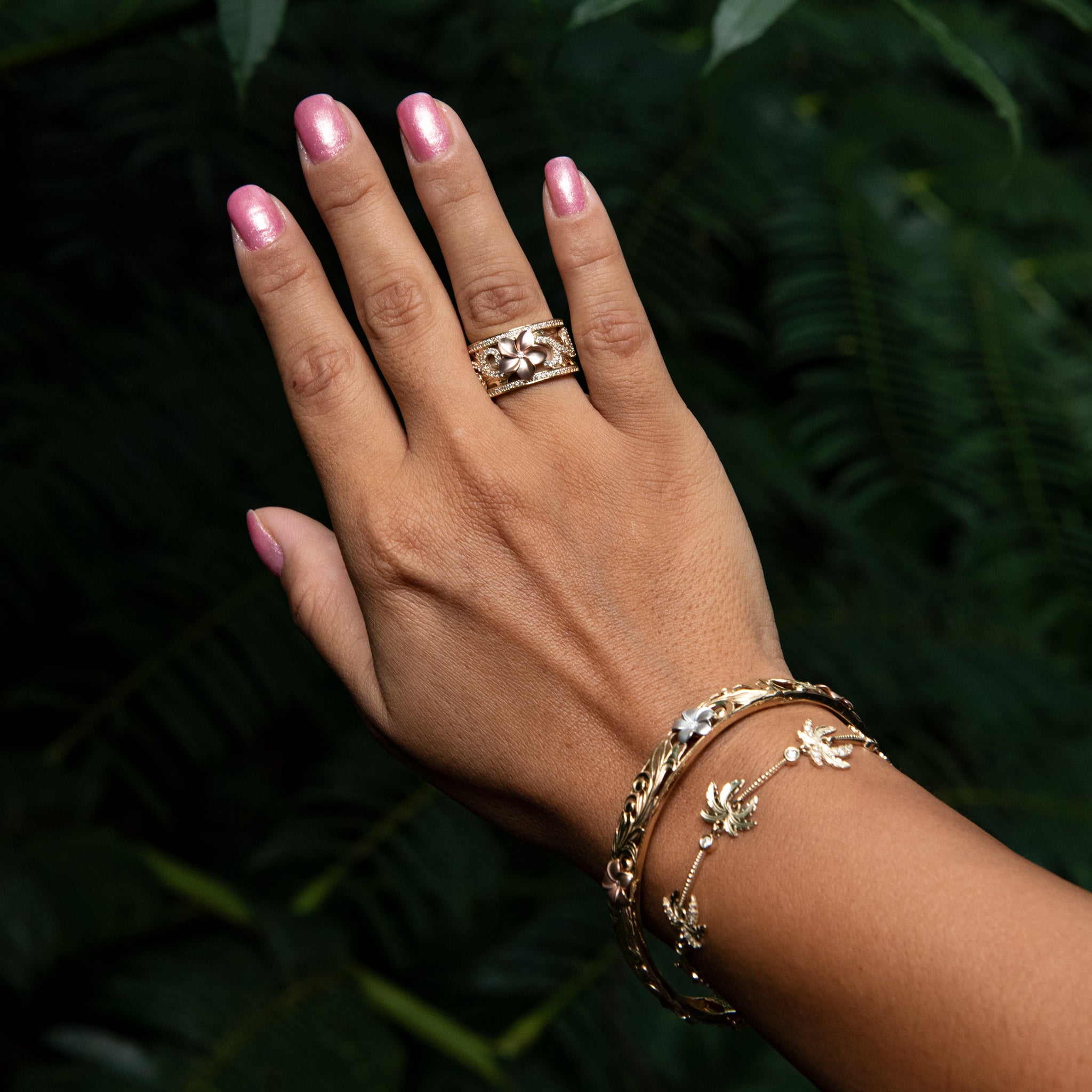 Hawaiian Heirloom Plumeria Engagement Ring in Two Tone Gold with Diamonds - 12mm on Model