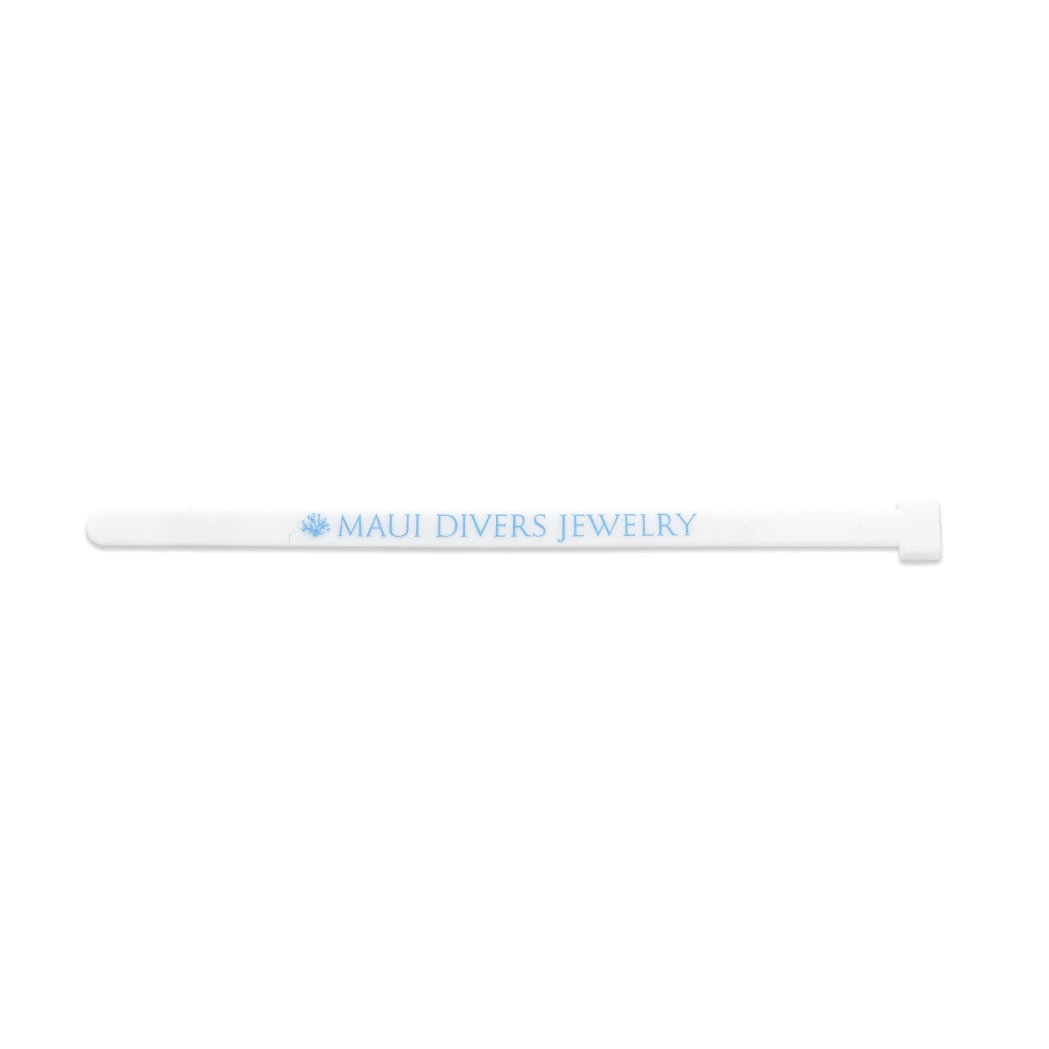 a white Ring sizer with blue lettering on it from Maui Divers Jewelry.