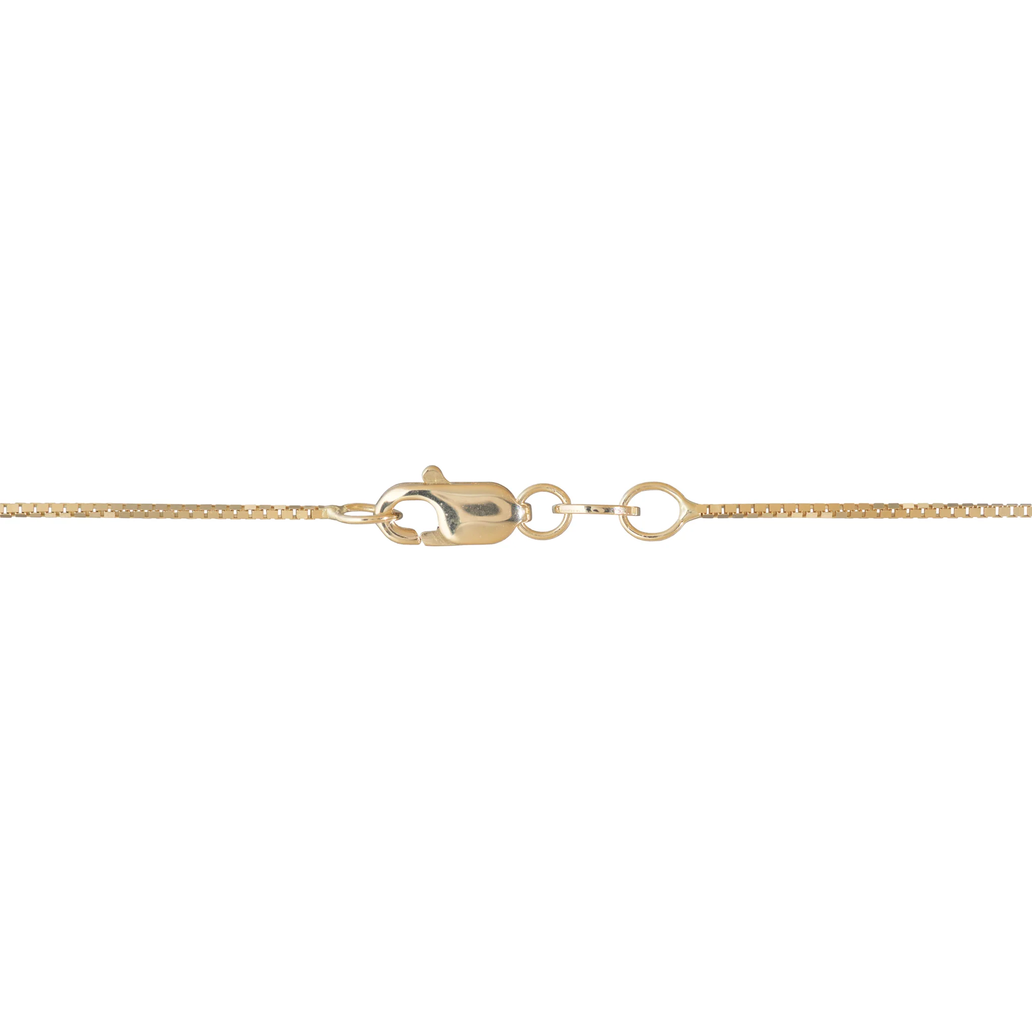 A close-up of a 14k yellow gold box chain showing the lobster clasp against a plain white background