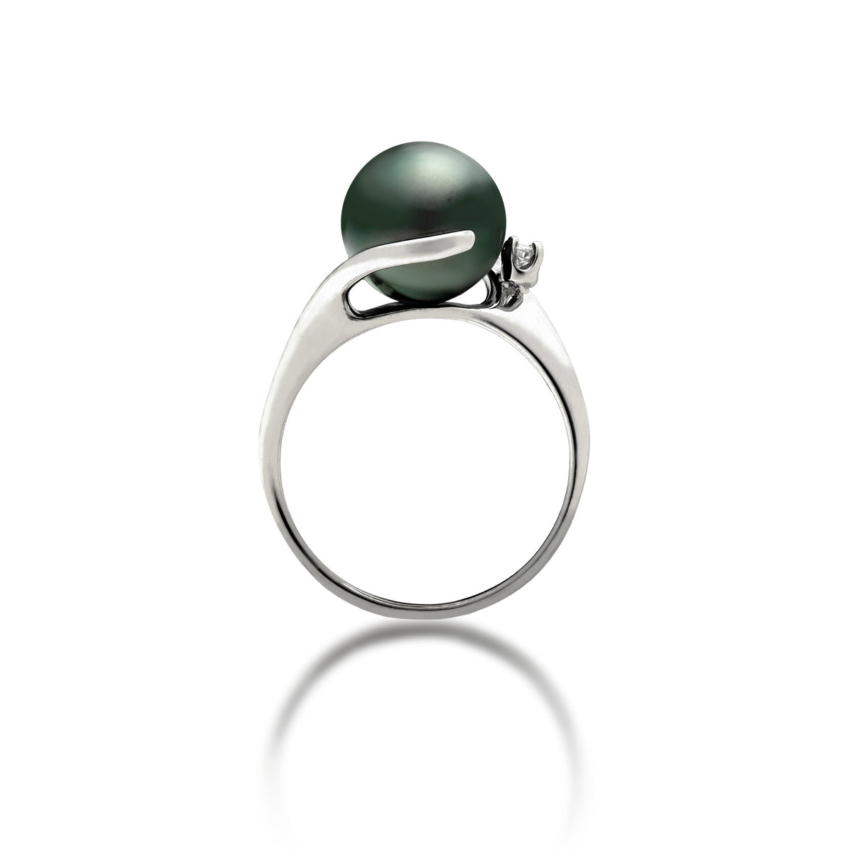  A 14k white gold ring with soft curves at the crown that frame a diamond accented Tahitian black pearl, shown on a white background