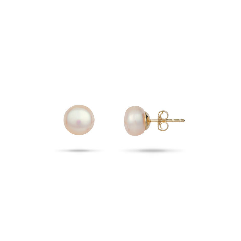 Button Freshwater Pearl Earrings in Gold - 8-9mm - Peach - Maui Divers Jewelry