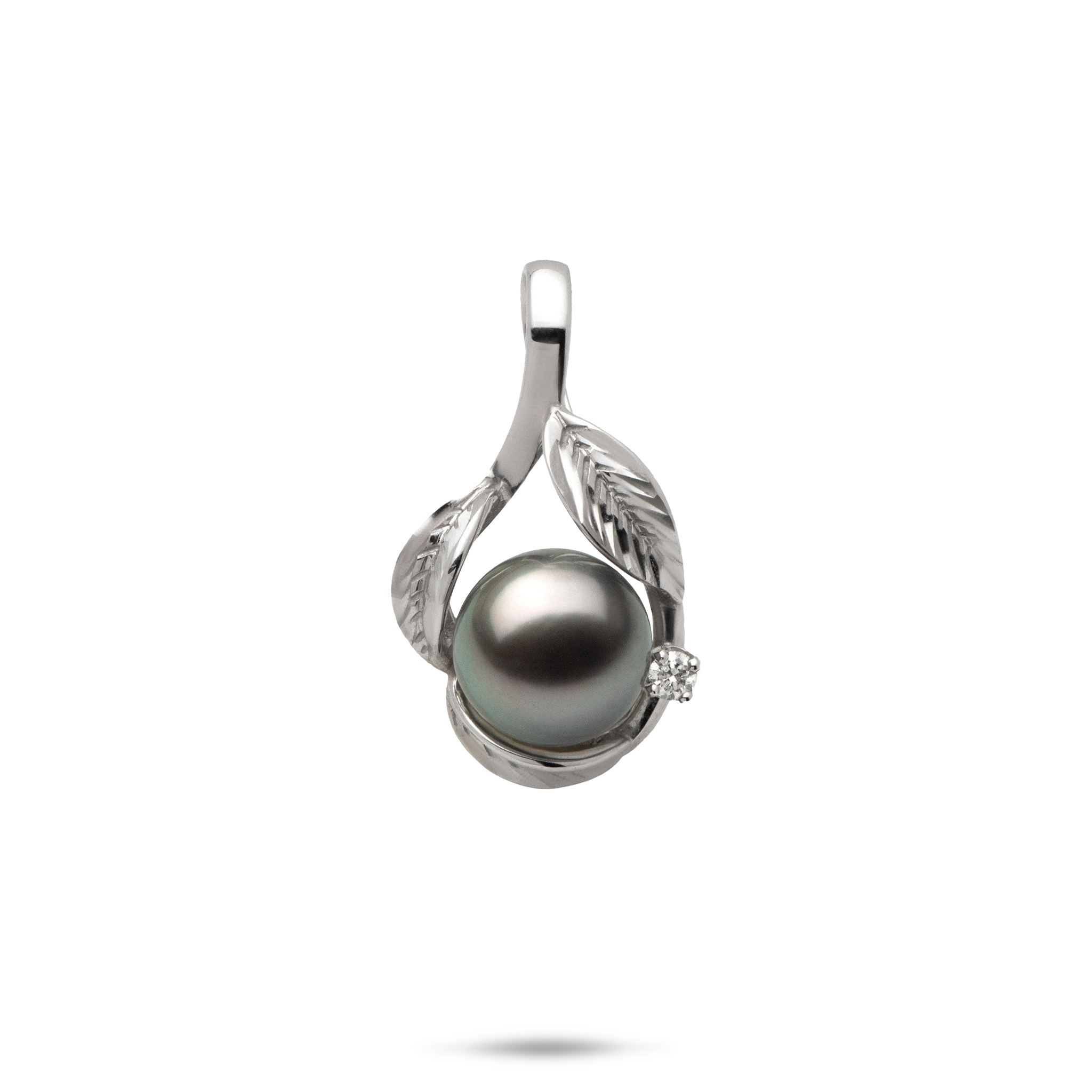Maile Tahitian Black Pearl Pendant in White Gold with Diamond - 9-10mm