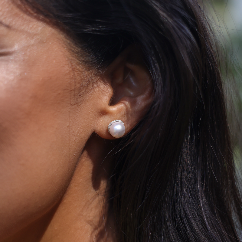 Halo Akoya Pearl Earrings in Gold with Diamonds - 8-8.5mm