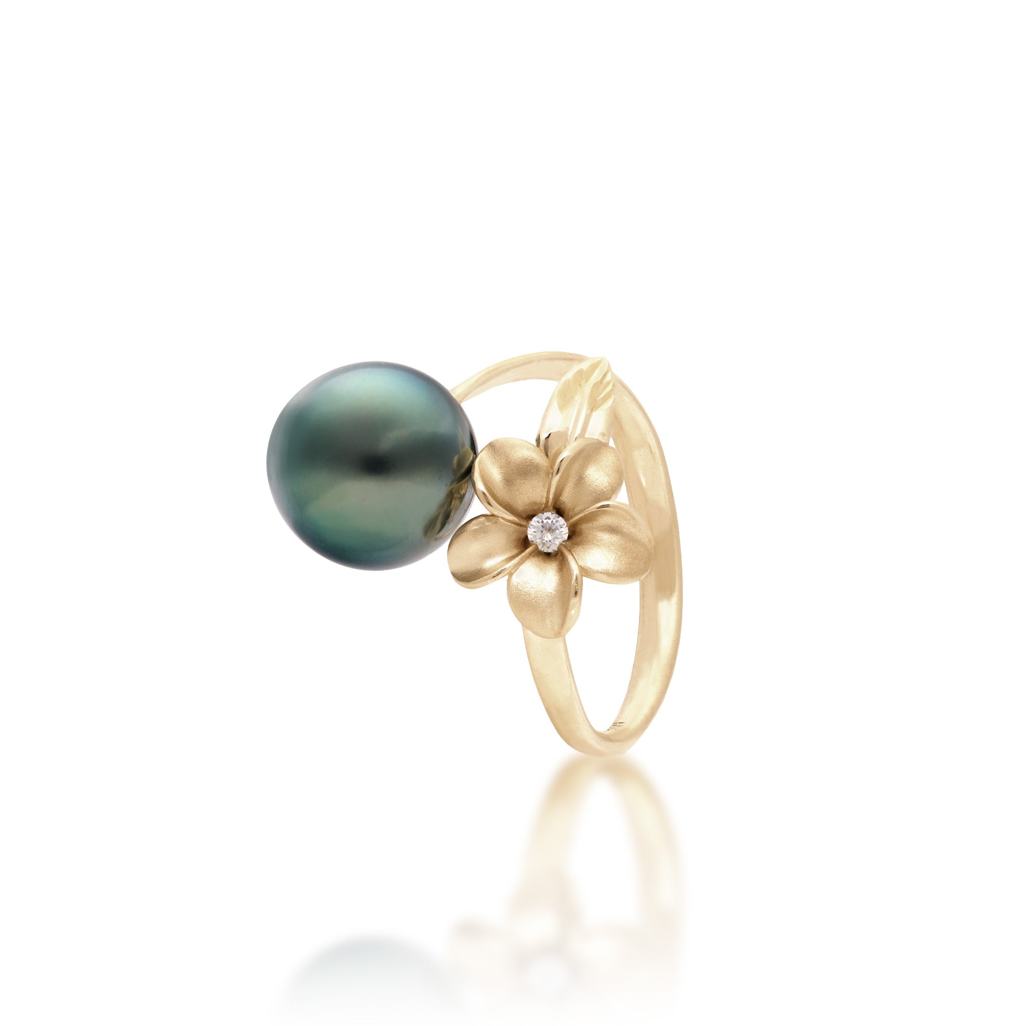 14k Yellow Gold Plumeria Ring with a Tahitian Black Pearl and Diamond-accent on a white background