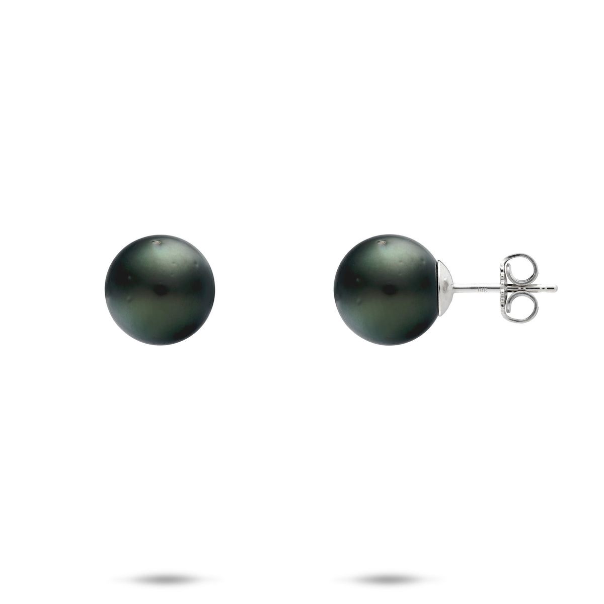A pair of 14k white gold 9-10mm Tahitian black pearl stud earrings with a front and side view showcasing the butterfly backing on a white background