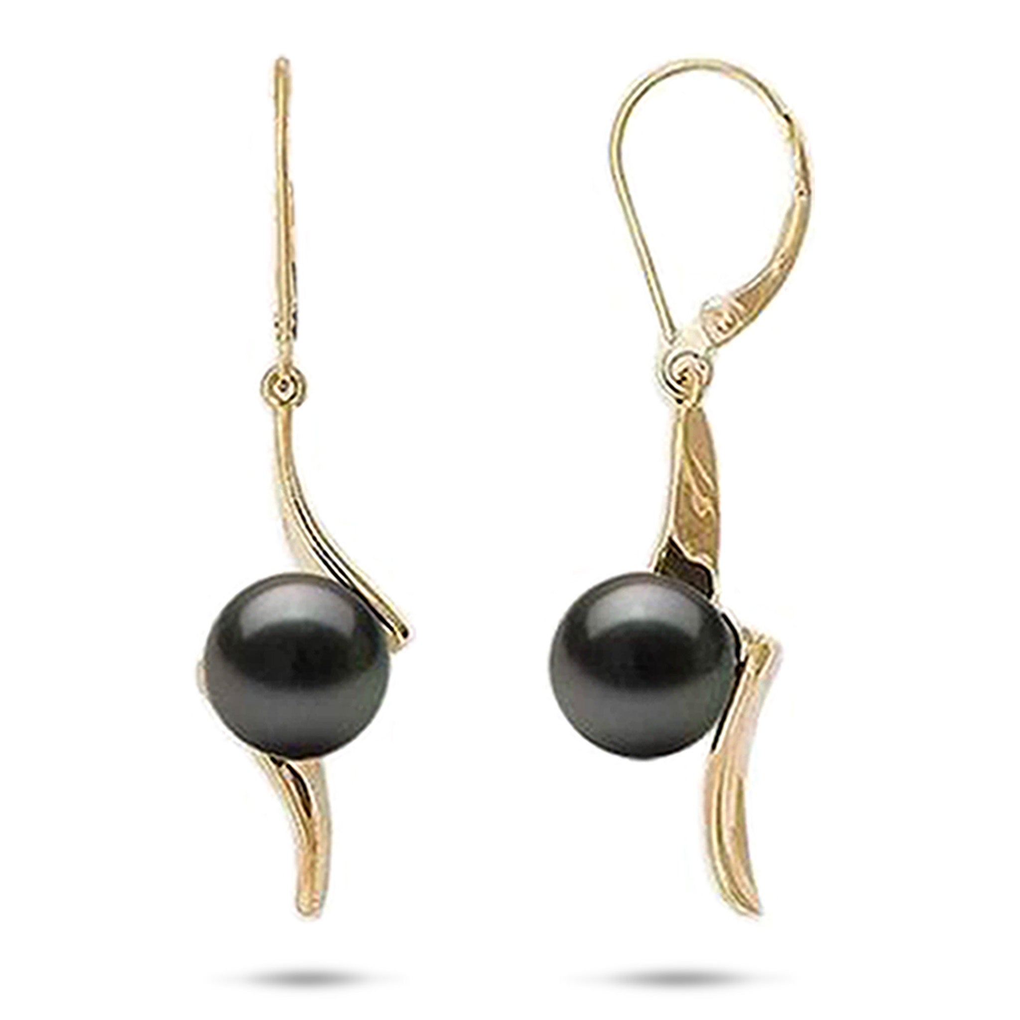 9-10mm Tahitian Black Pearl Leverback Earrings in 14k Yellow Gold on a white background