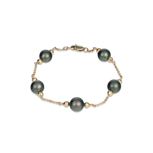Maui Divers Jewelry Tahitian Black Pearl Link Bracelet in Gold - 9-10mm - Size 7.5-8" on White Background