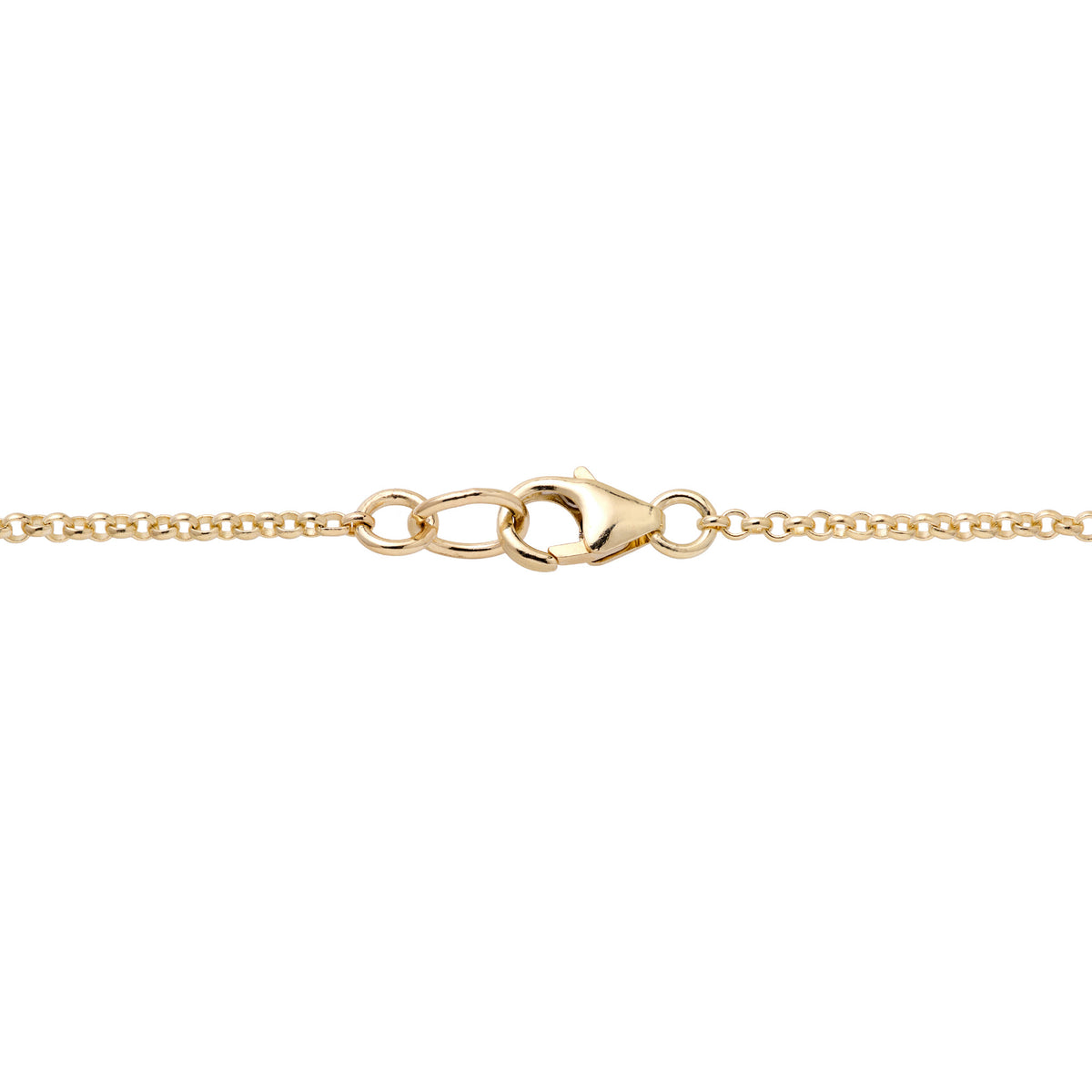 Close up shot of a 14k yellow gold rolo chain with a lobster claw clasp