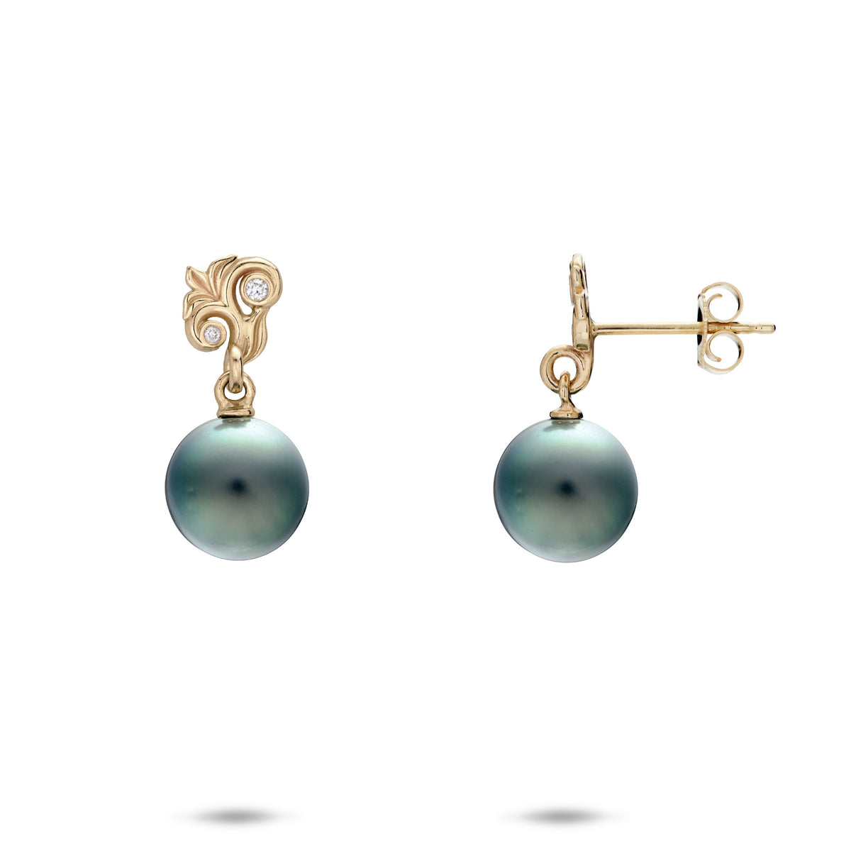 A pair of 14k yellow gold stud earrings with Living Heirloom Collection maile leaf and hāpuʻu fern scrollwork with diamonds and 8-9mm Tahitian black pearls, shown with a front and side facing view on a white background