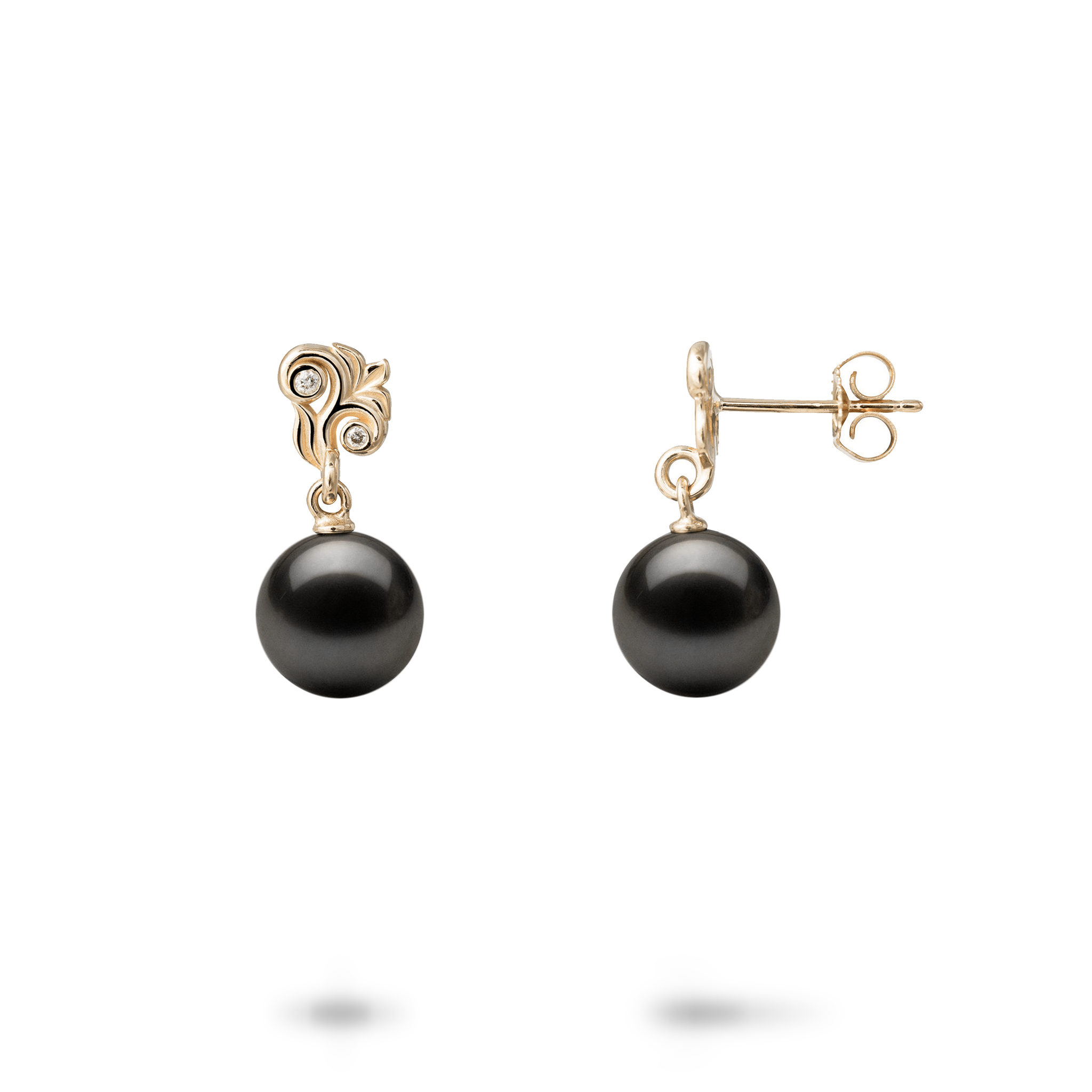 Boucles d'oreilles noires tahitiennes vivantes en or avec des diamants - 8-9 mm