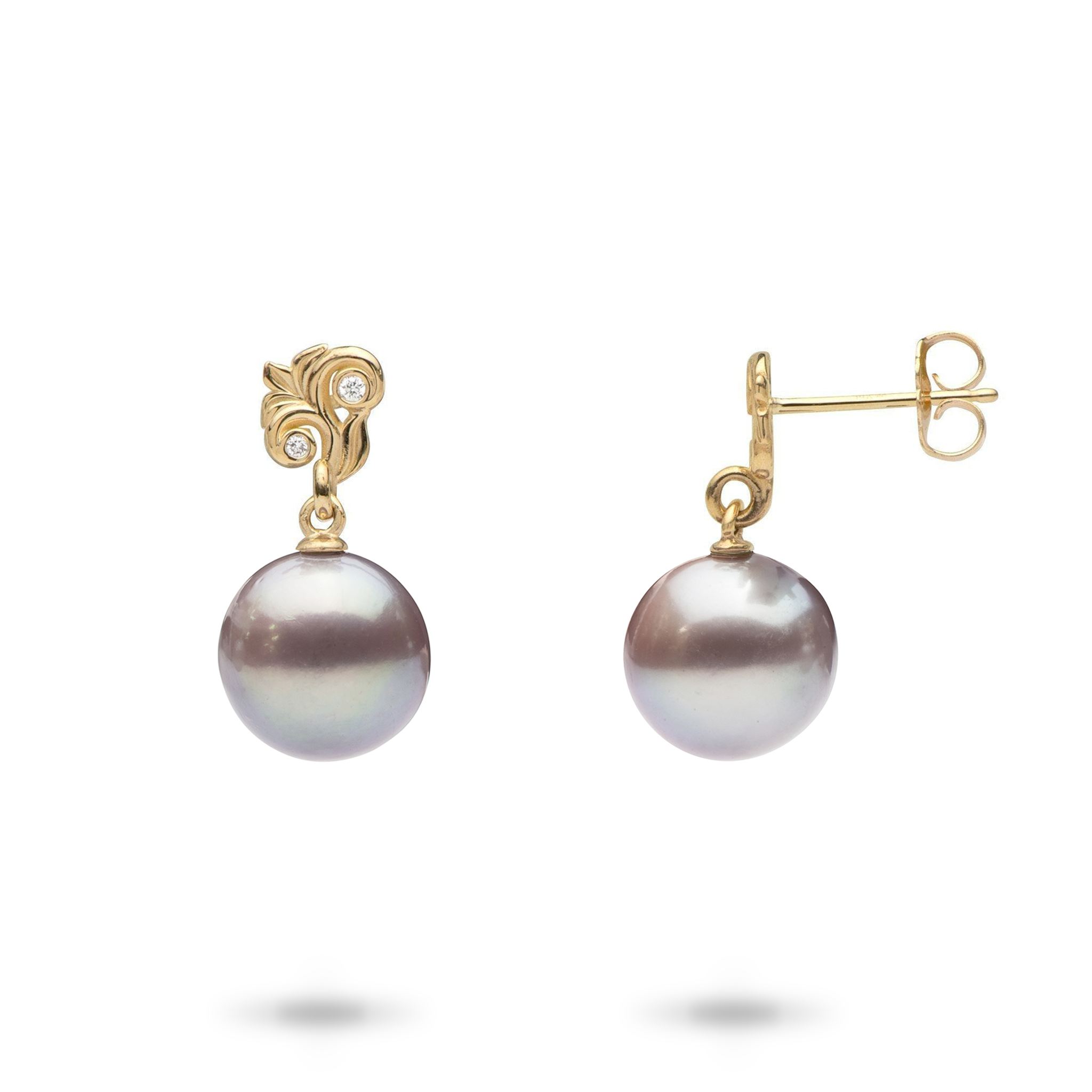ダイヤモンドと金の淡水真珠のイヤリング-10-11mm