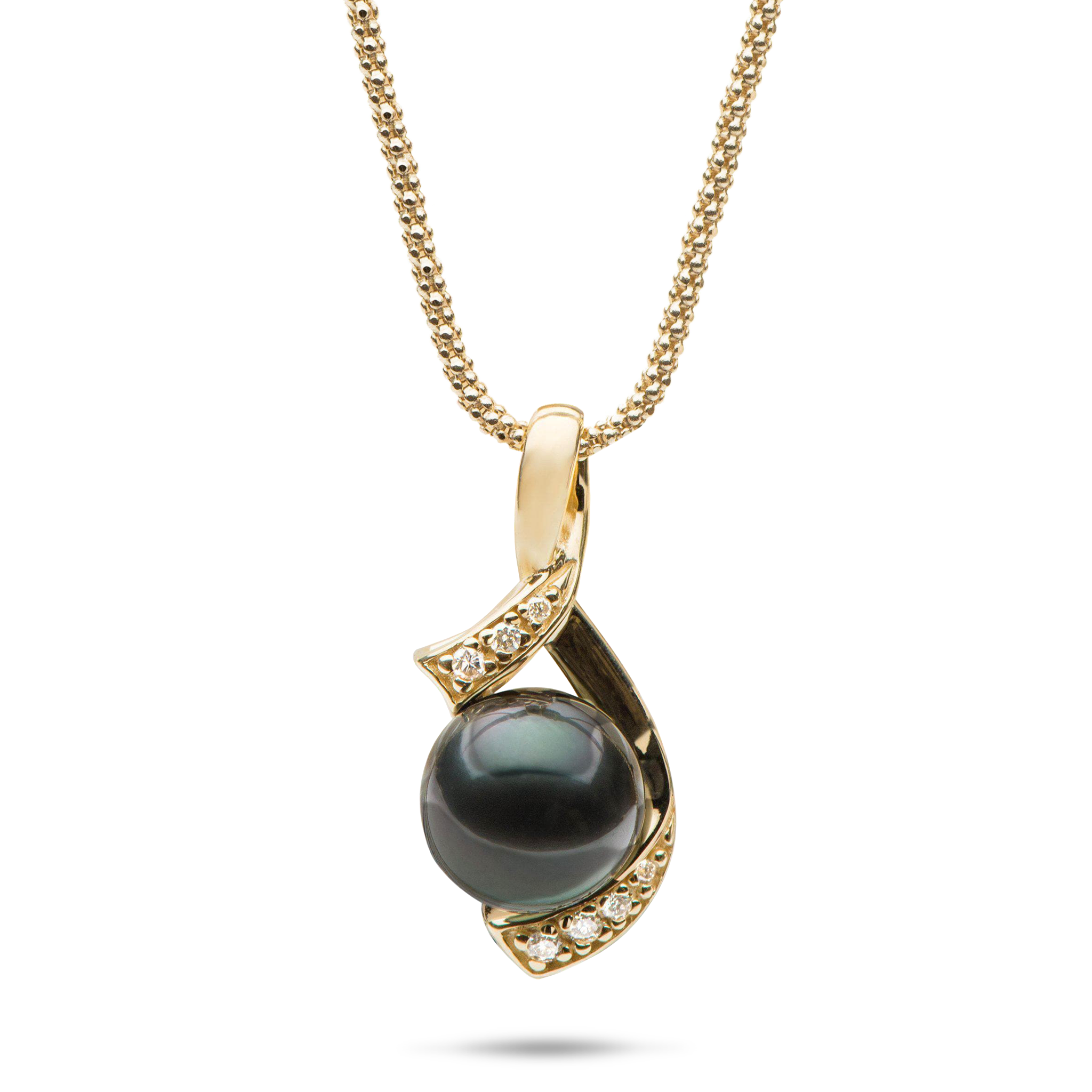 18" schwarze Tahiti-Perlenkette in Gold mit Diamanten – 10–11 mm