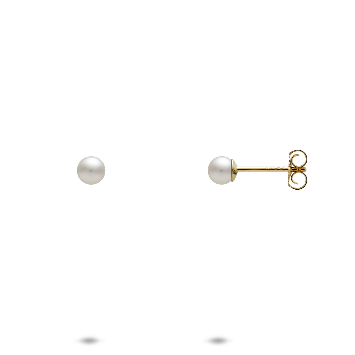 A pair of 4-5mm white freshwater pearl stud earrings with 14k yellow gold backings, shown with a front and side profile view of the butterfly backing, on a white background