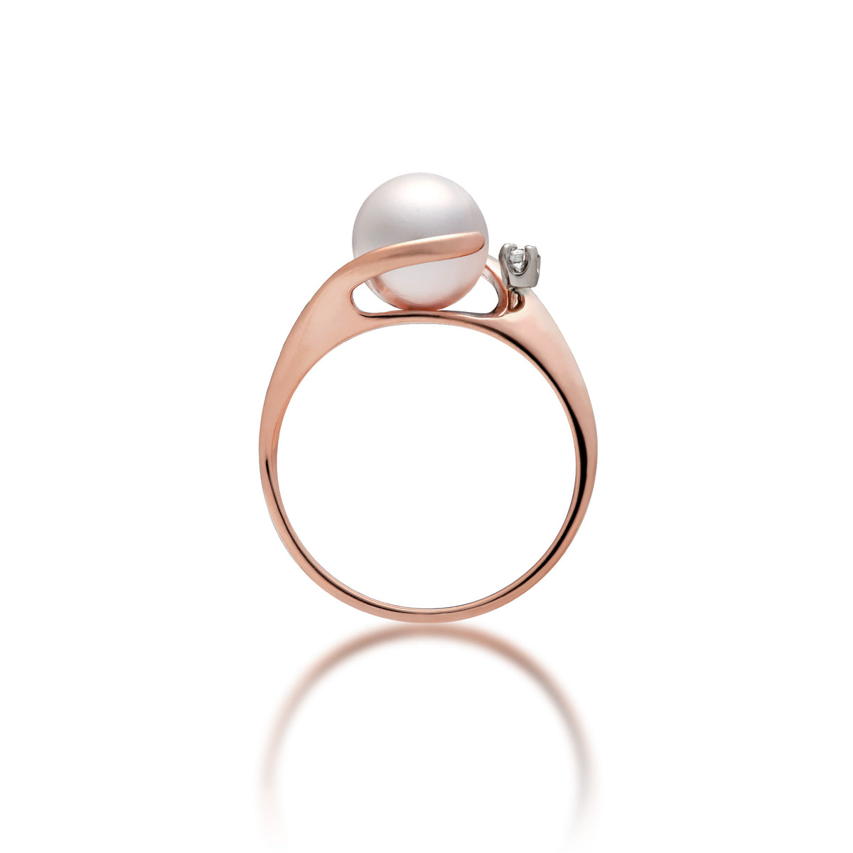 Profile view of a 14k rose gold ring with soft curves at the crown that frame a diamond-accented Akoya white pearl, shown on a white background