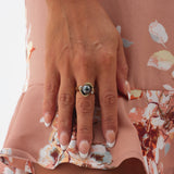 A woman's hand with Tahitian black Pearl Ring in Gold with Diamonds -9-10mm - Maui Divers Jewelry
