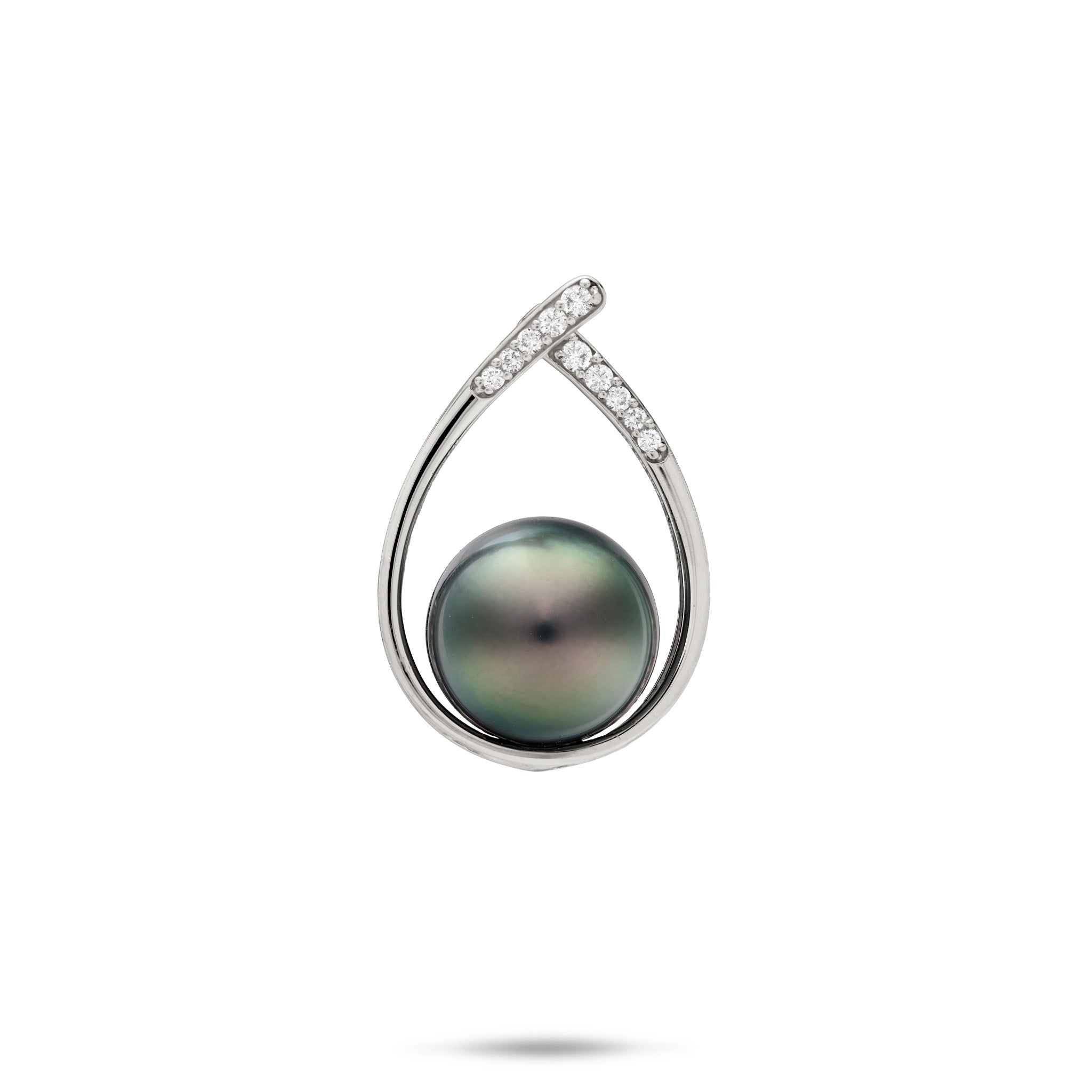 14k White Gold Diamond Teardrop Pendant with a Tahitian pearl on a white background