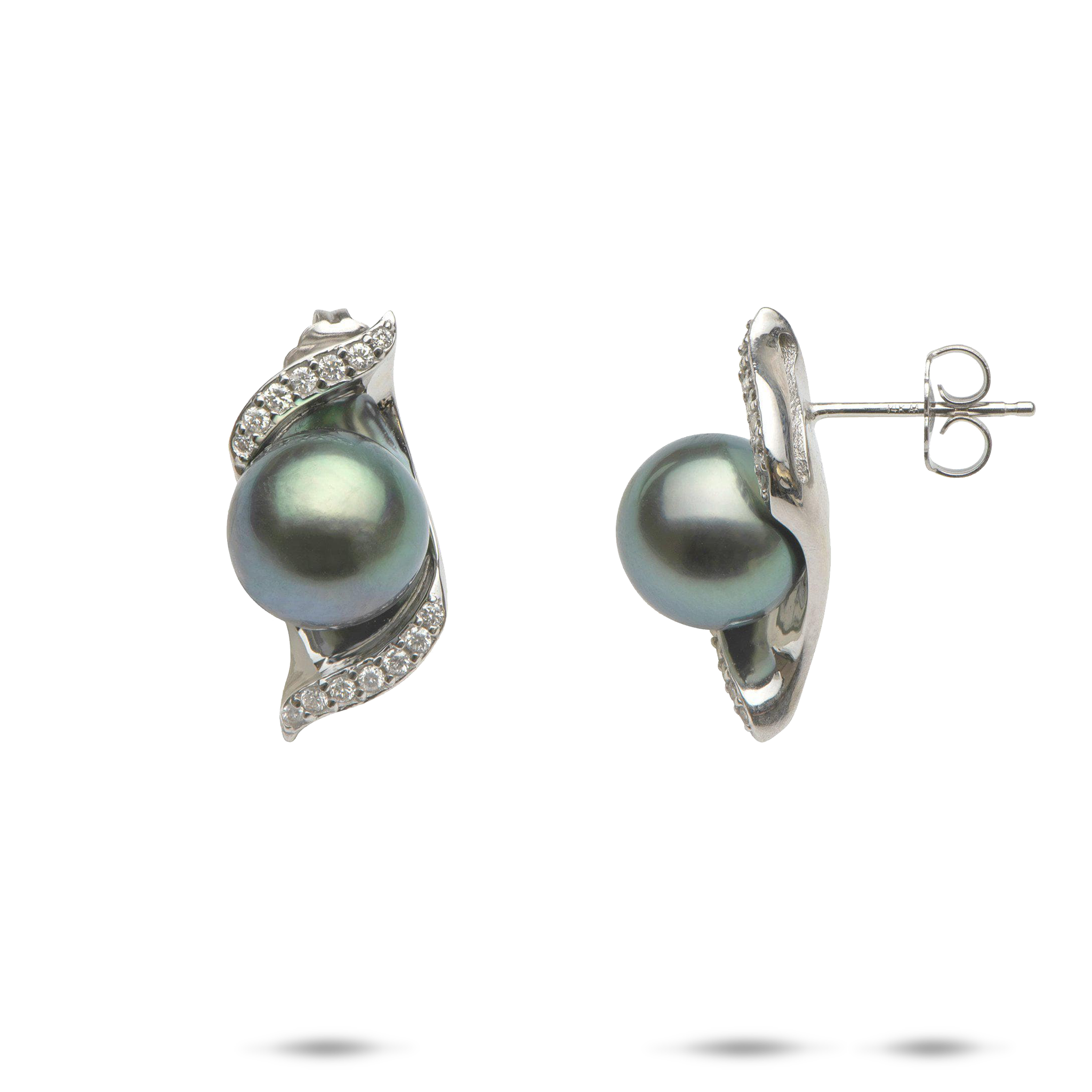 Nalu Tahitian Black Pearl Earrings in White Gold with Diamonds - 9-10mm