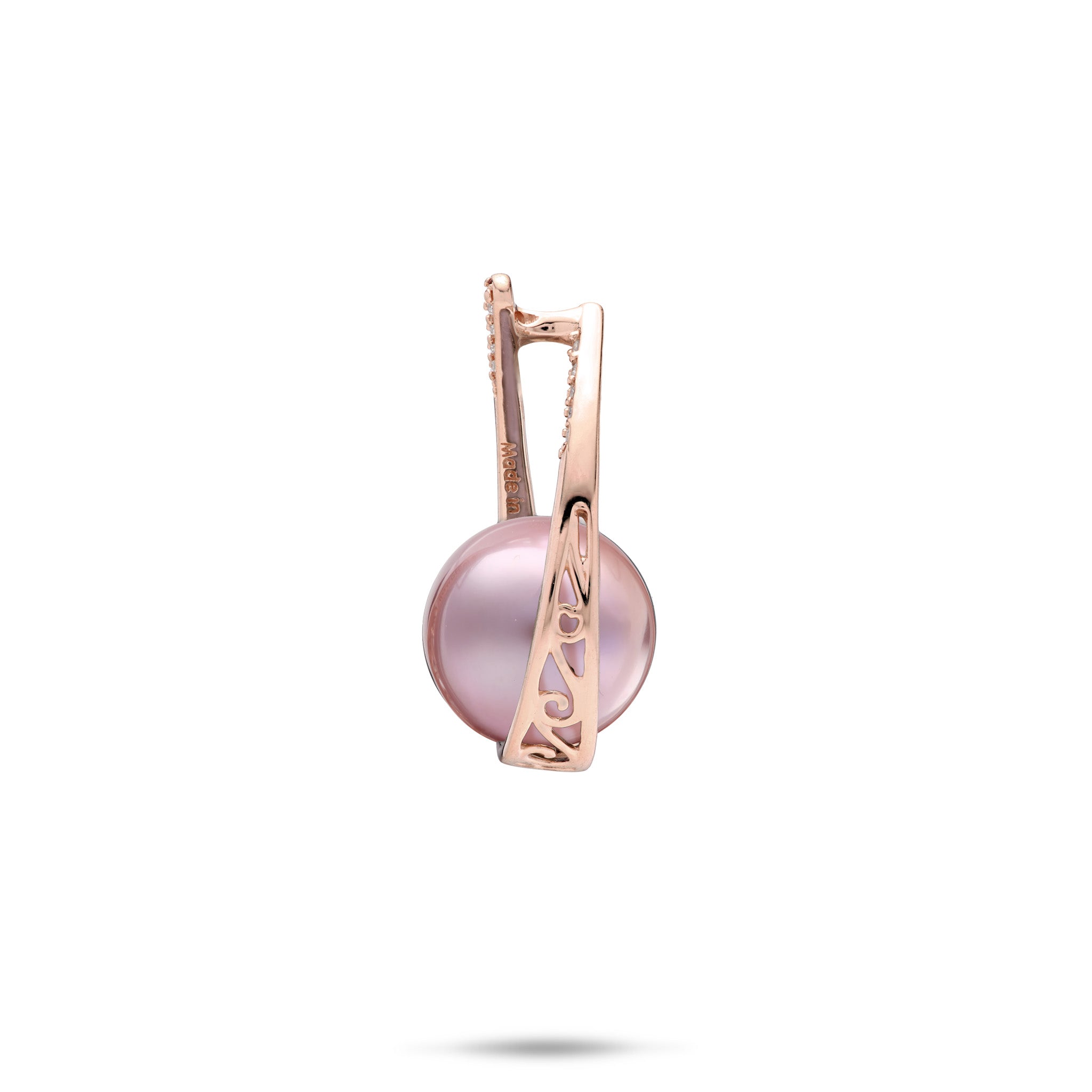 Side view of a 14k Rose Gold Diamond Teardrop Pendant with a 10-11mm Liliac Freshwater Pearl on a white background 