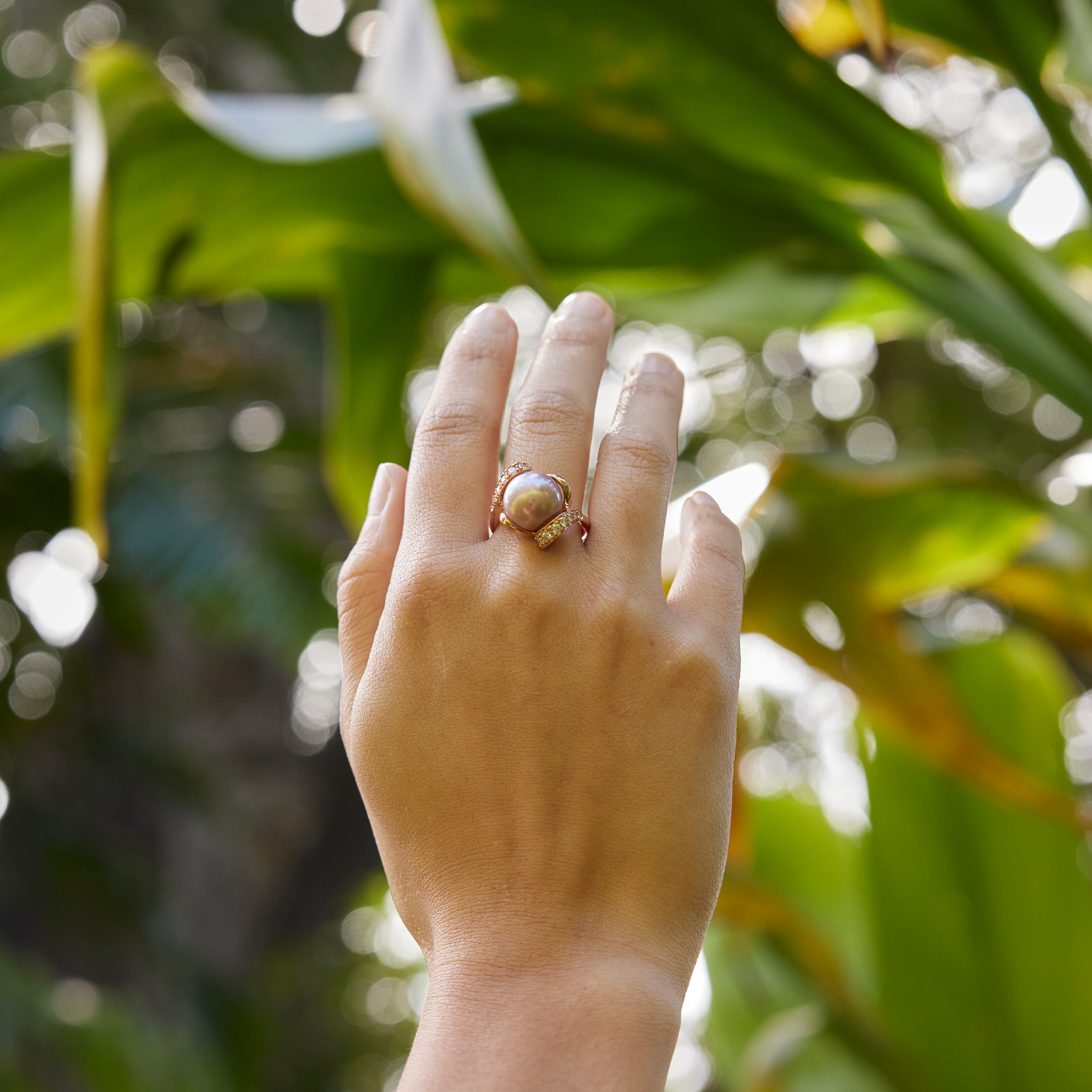Lila Süßwasserperlen-Ring in Roségold mit Diamanten – 12–13 mm