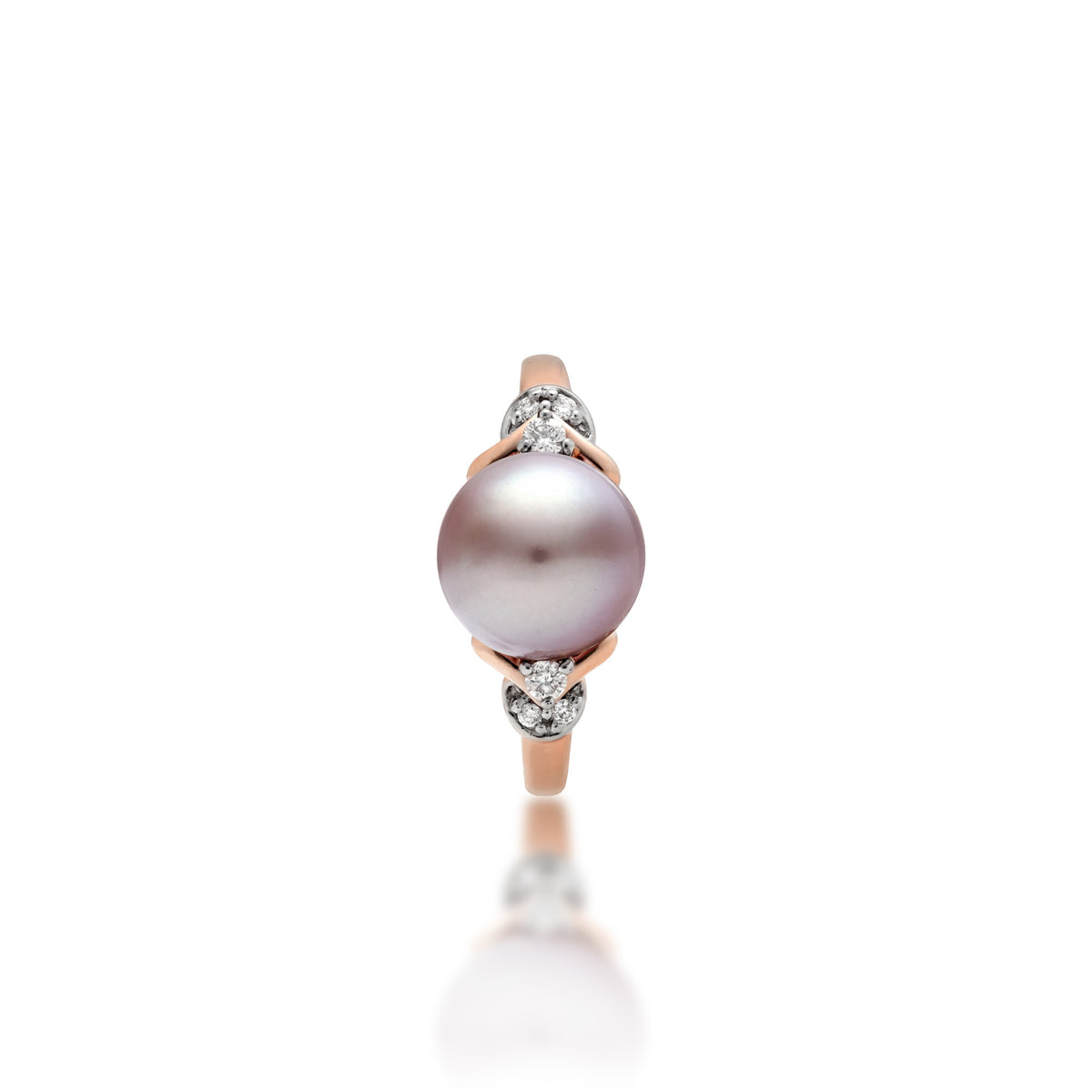 Top view of a 14k rose gold ring with a lilac freshwater pearl with diamond accents on each side with darting rose gold curves, shown on a white background