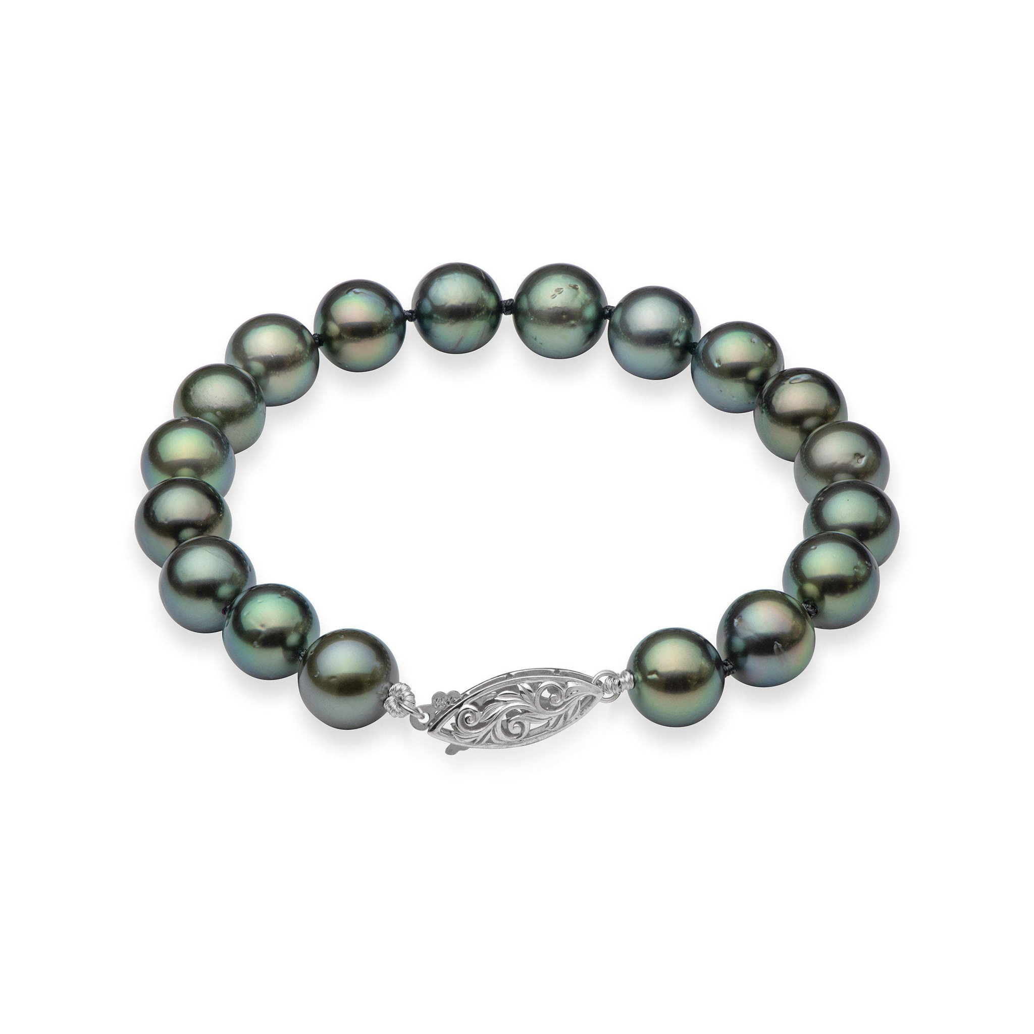 Schwarzes Tahiti-Perlenarmband aus Weißgold – 9–10 mm – Größe 8 Zoll