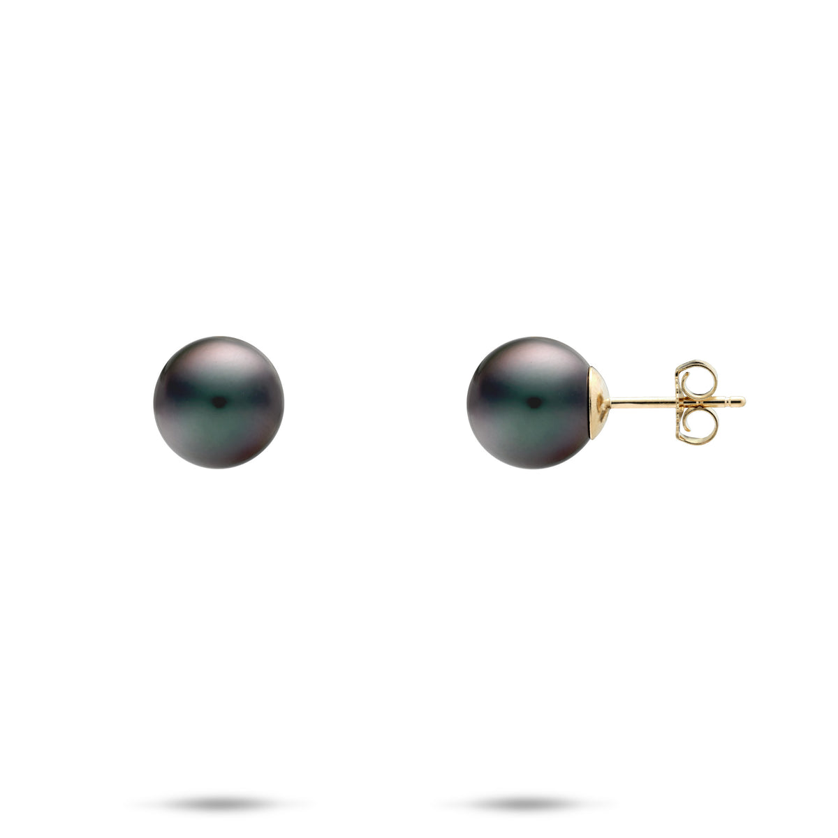 A pair of 14k yellow gold stud earrings with 8-9mm Tahitian black pearls, shown with a front and side profile view of the butterfly backing, on a white background
