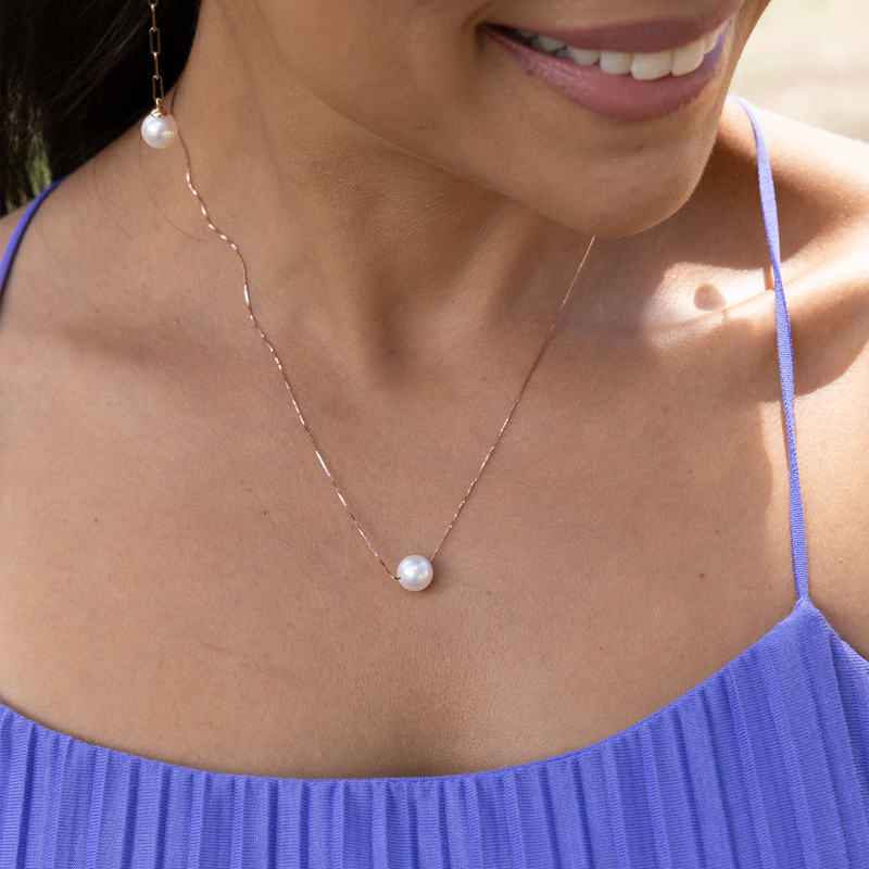 16-18" Adjustable Akoya Floating Pearl Necklace in Rose Gold - 8mm