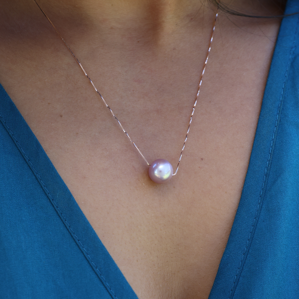 16-18" Adjustable Lavender Freshwater Floating Pearl Necklace in Rose Gold - 9-10mm