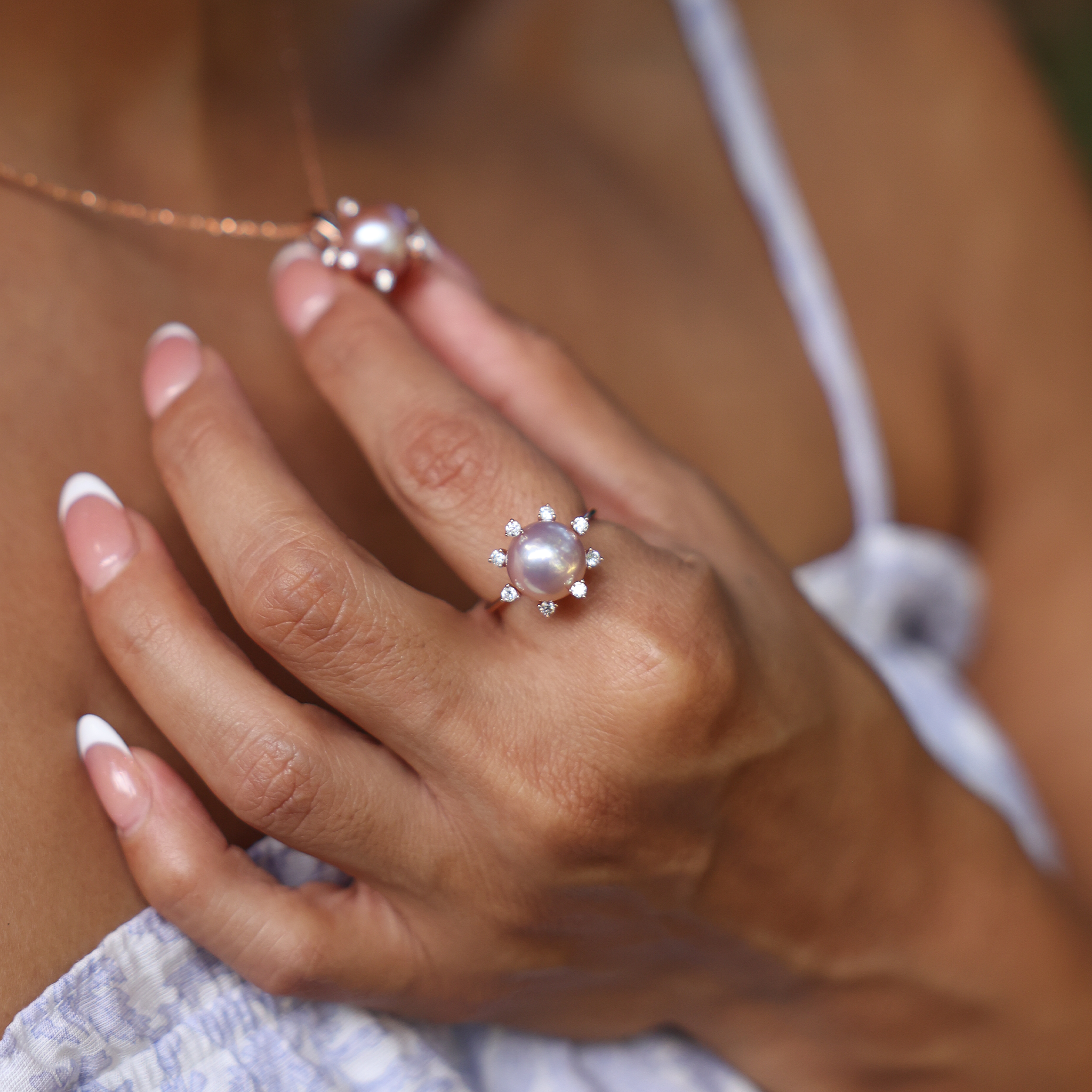 Protea Lilac Freshwater Pearl Ring in Rose Gold with Diamonds - 10-11mm