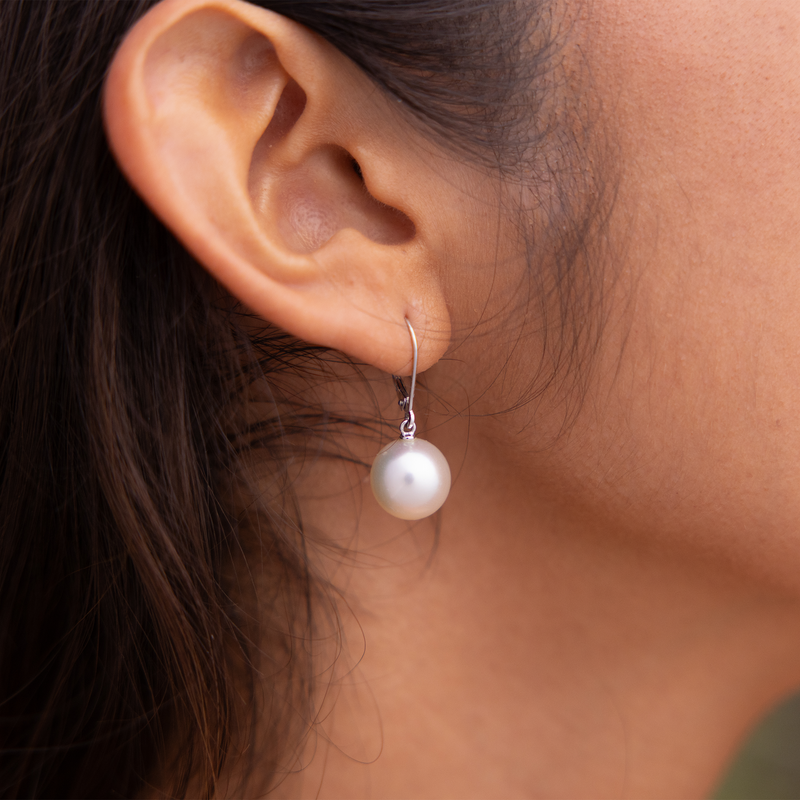 South Sea White Pearl Earrings in White Gold - 11-12mm