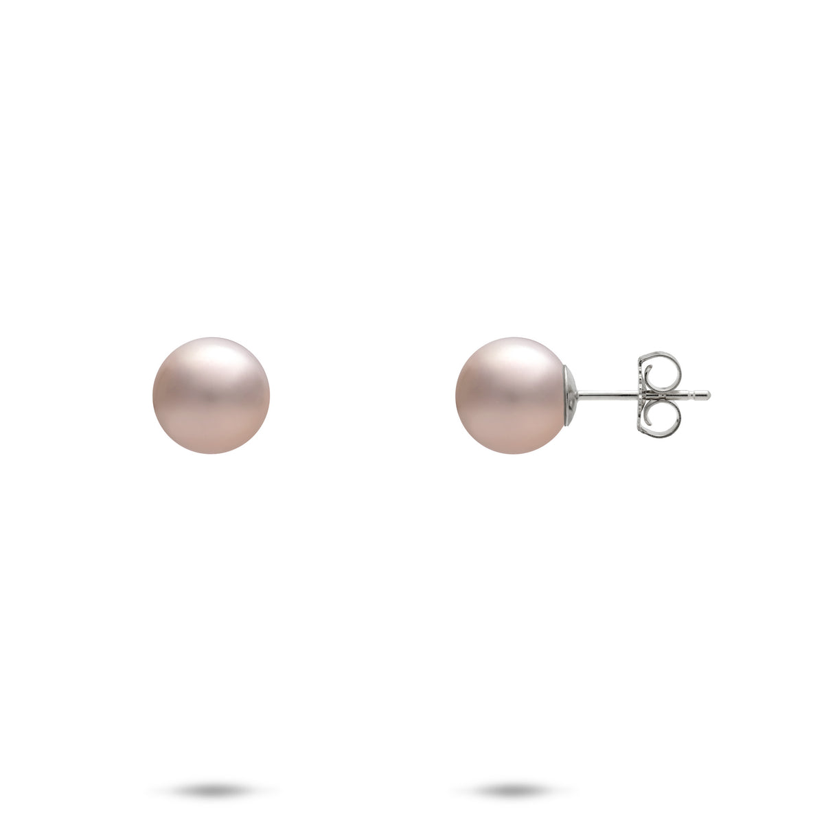 A pair of 7-8mm lavender freshwater pearl stud earrings in 14k white gold, shown with a front and side profile view of the butterfly backing, on a white background