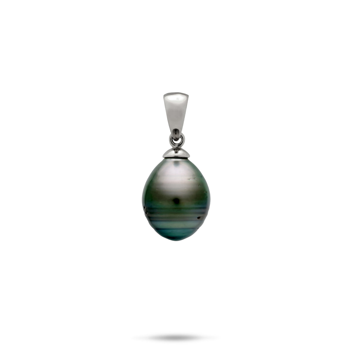 A simple 14k white gold pendant with a high-polish bail and 8-12mm baroque Tahitian black pearl, shown on a white background