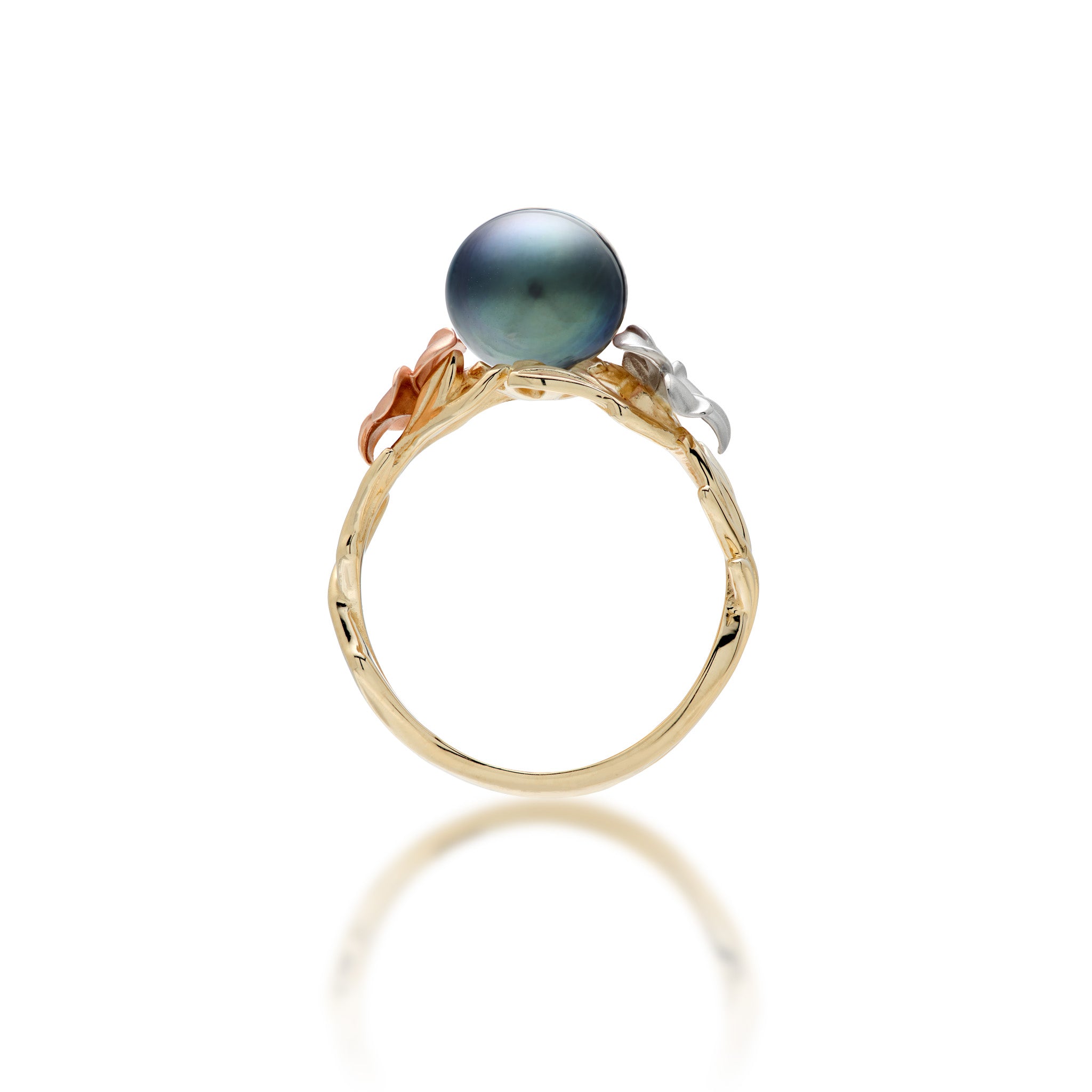Band view of the Pearls in Bloom Plumeria 8mm Tahitian Black Pearl Ring in Tri Color Gold with Diamonds on a white background