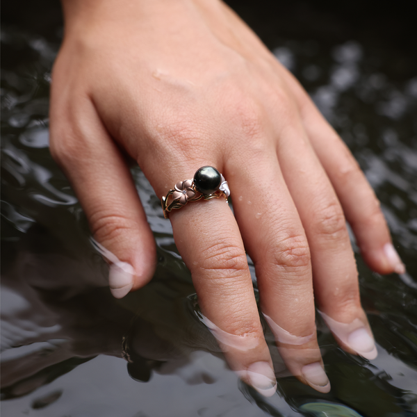 Perles en fleur Plumeria Tahitian Black Pearl Ring en or couleur or avec des diamants - 8 mm