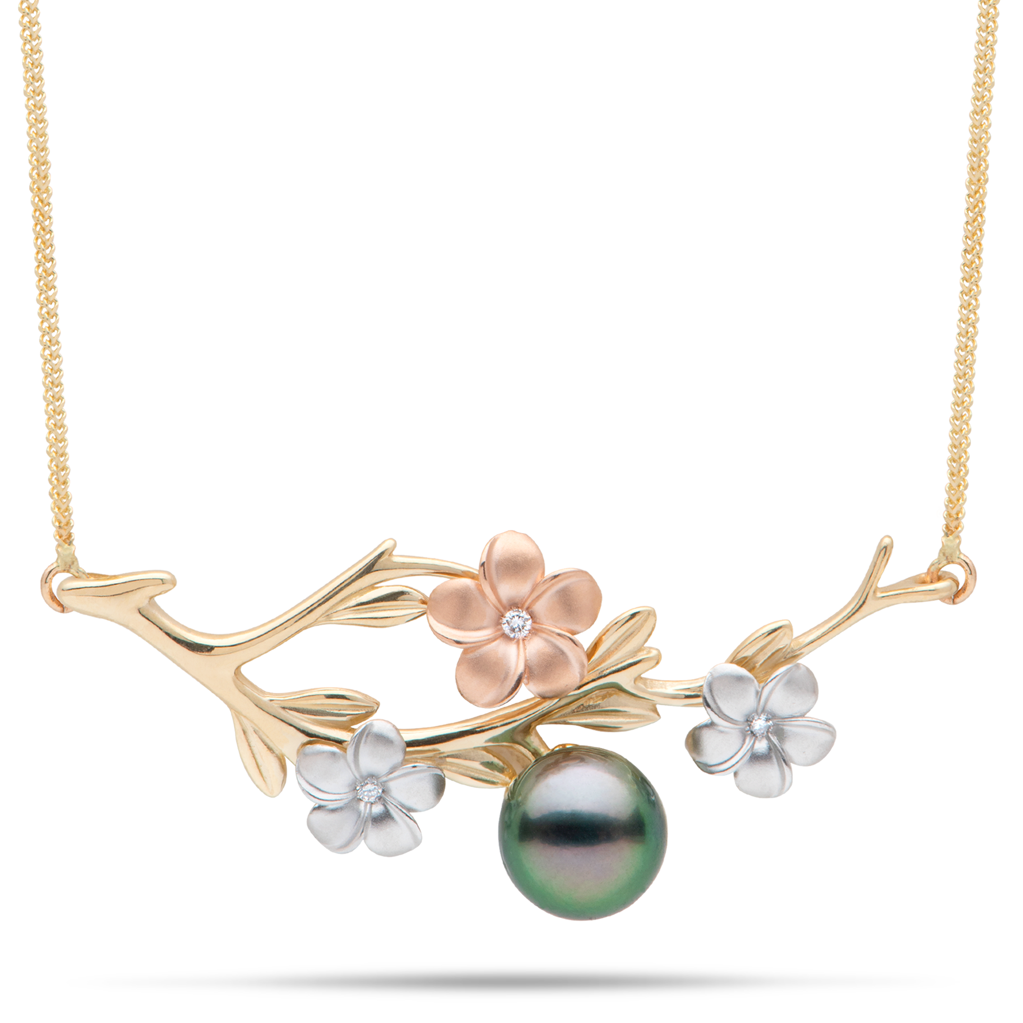 16-18" Verstellbare Perlen in Blüte Plumeria Schwarze Tahiti-Perlenkette in dreifarbigem Gold mit Diamanten – 48 mm