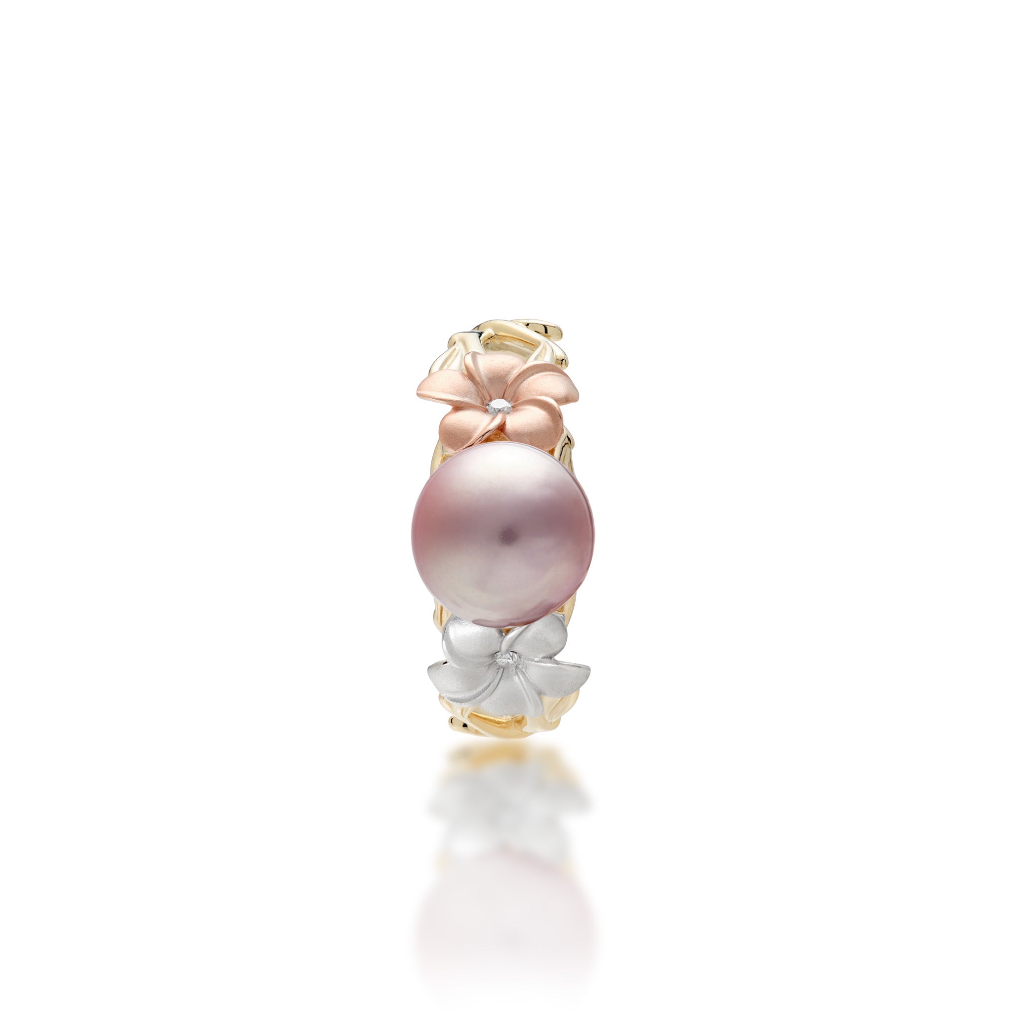 Top view of the Pearls in Bloom Plumeria 8mm Lavender Freshwater Pearl Ring in Tri Color Gold with Diamonds on a white background