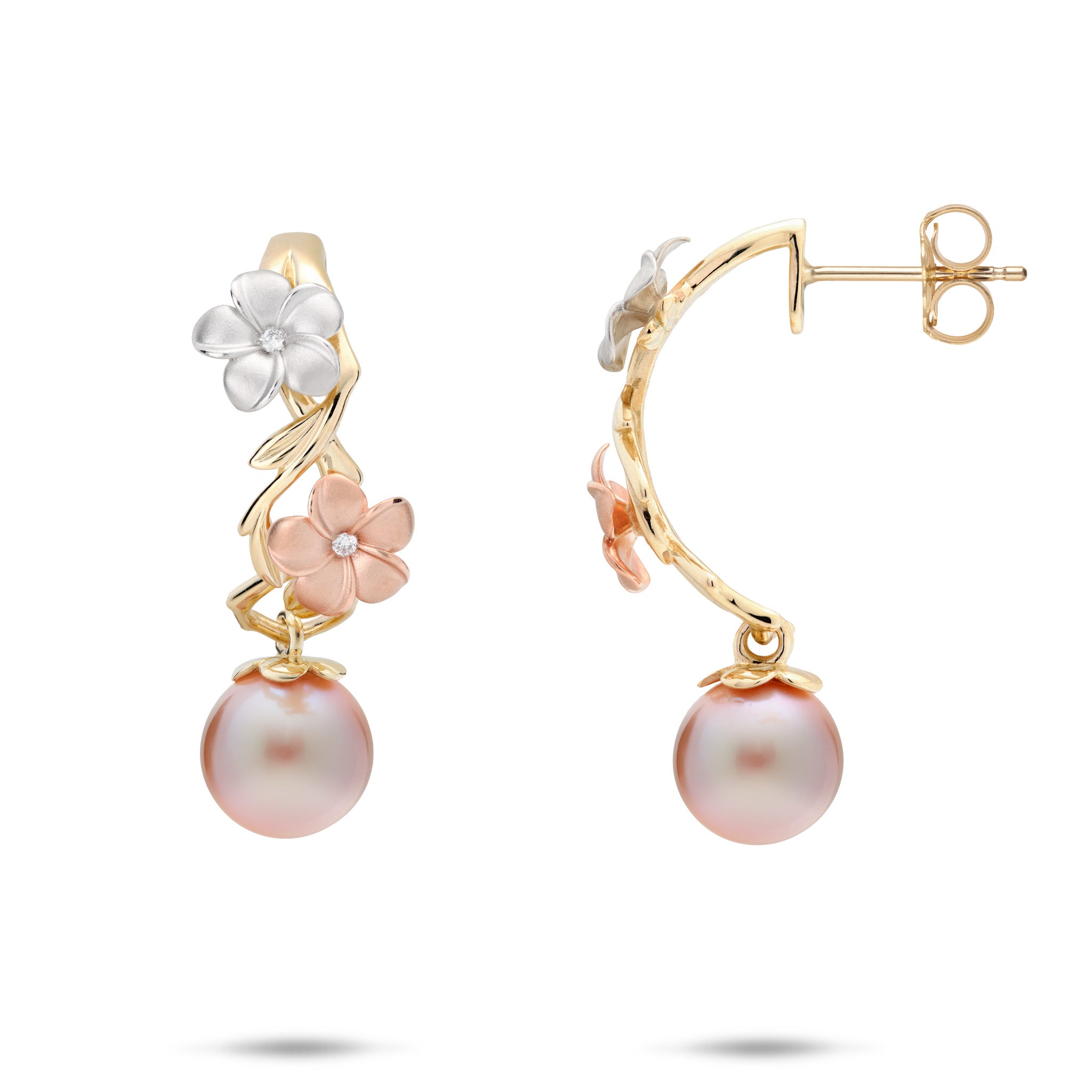 23mm Pearls in Bloom Plumeria Lavender Freshwater Pearl Earrings in Tri Color Gold with Diamonds on a white background