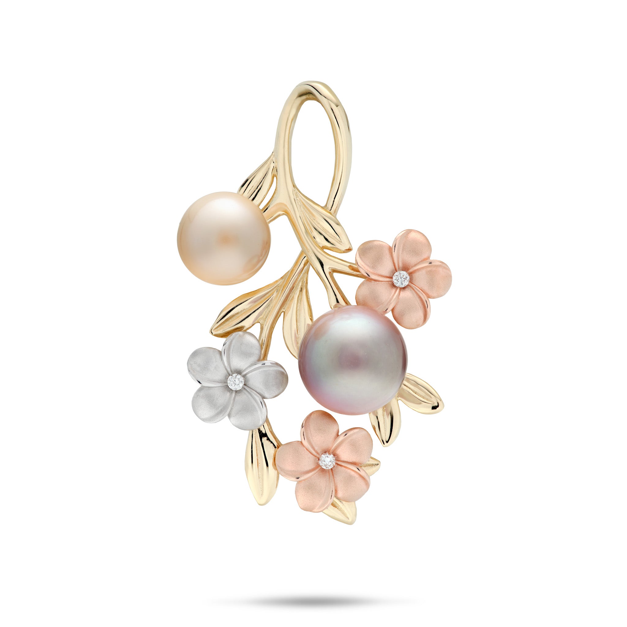 36mm Pearls in Bloom Plumeria Freshwater Pearl Pendant in Tri Color Gold with Diamonds on a white background