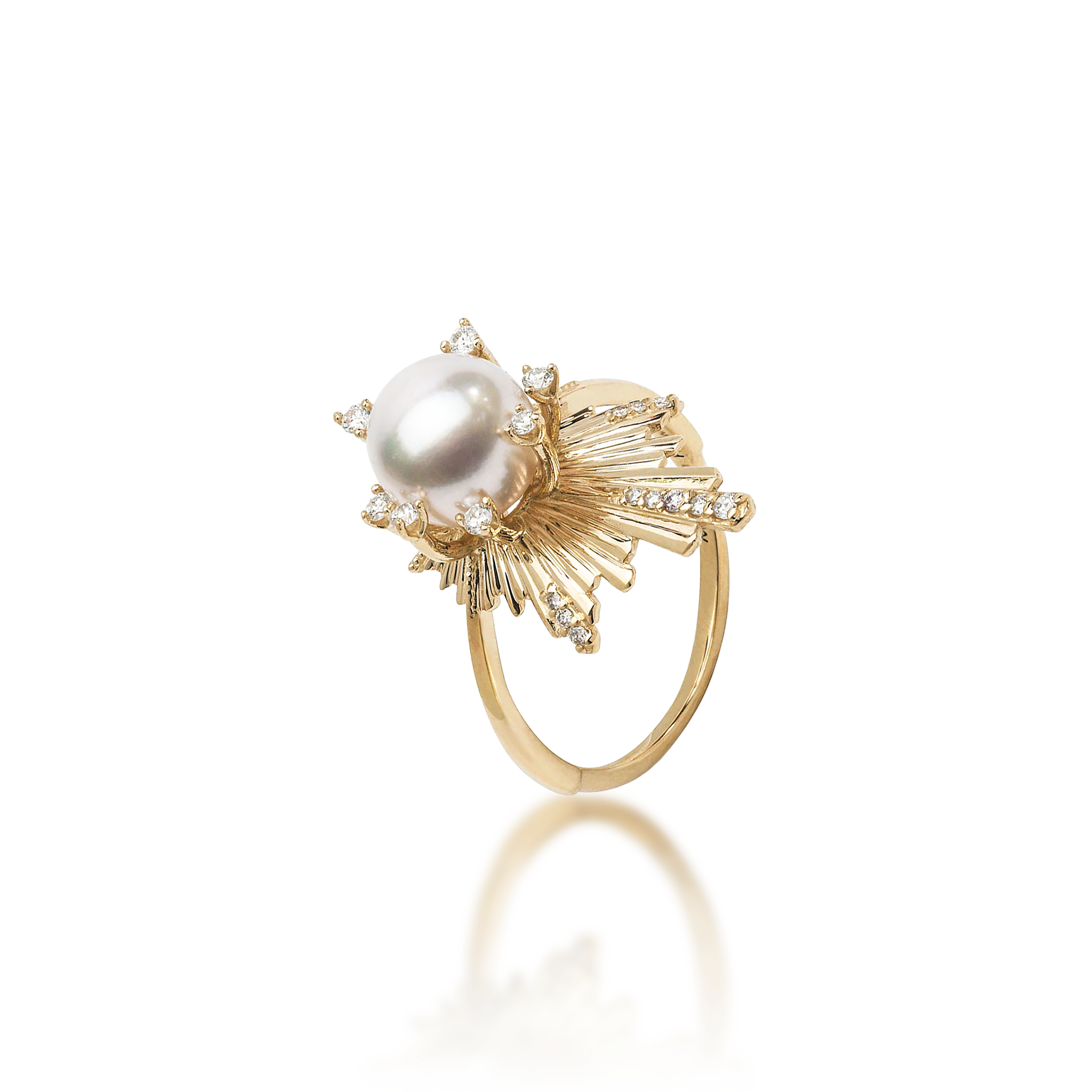 E Hoʻāla Akoya weißer Perlenring in Gold mit Diamanten - 21 mm