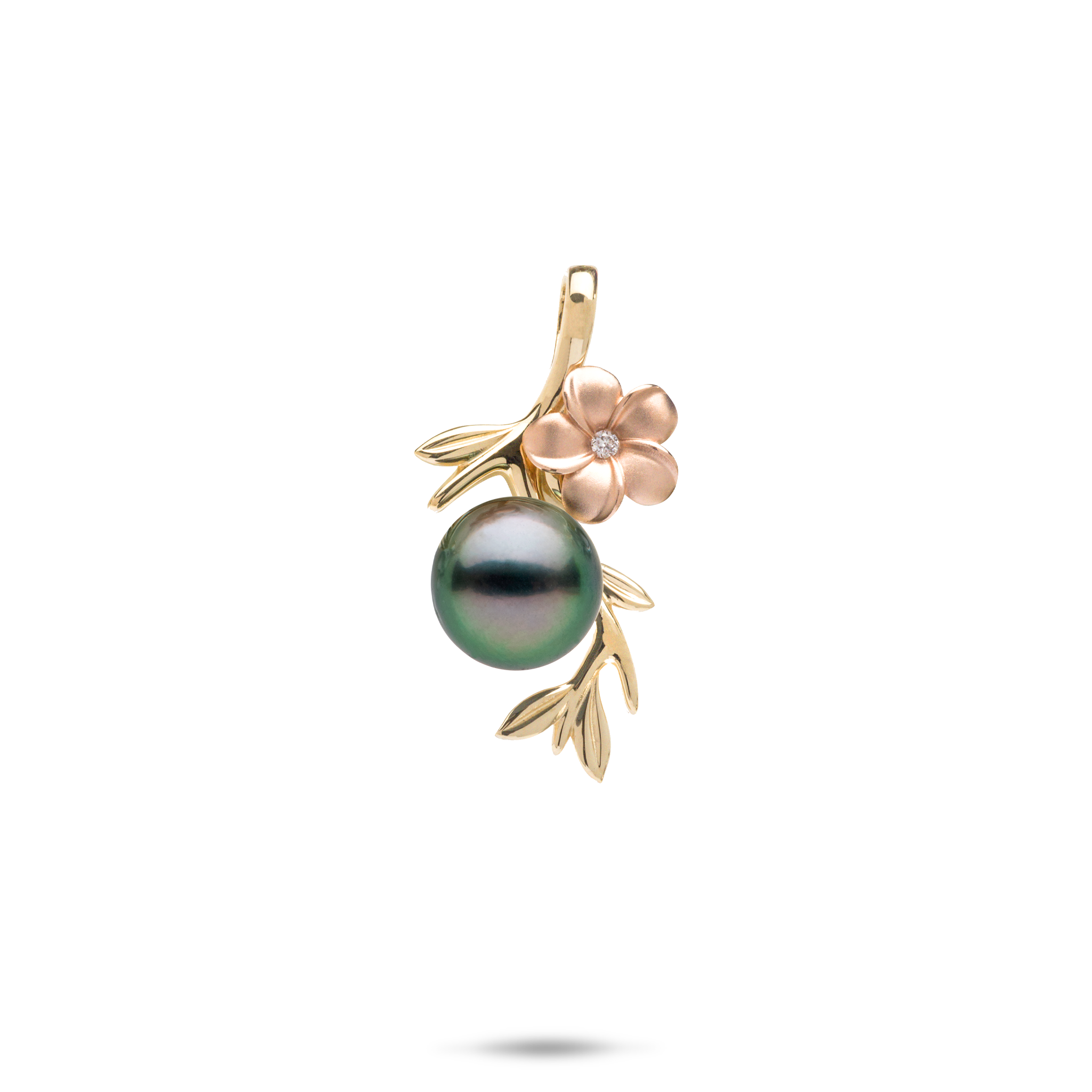Pearls in Bloom Plumeria Tahiti-Anhänger mit schwarzer Perle in zweifarbigem Gold mit Diamant – 25 mm