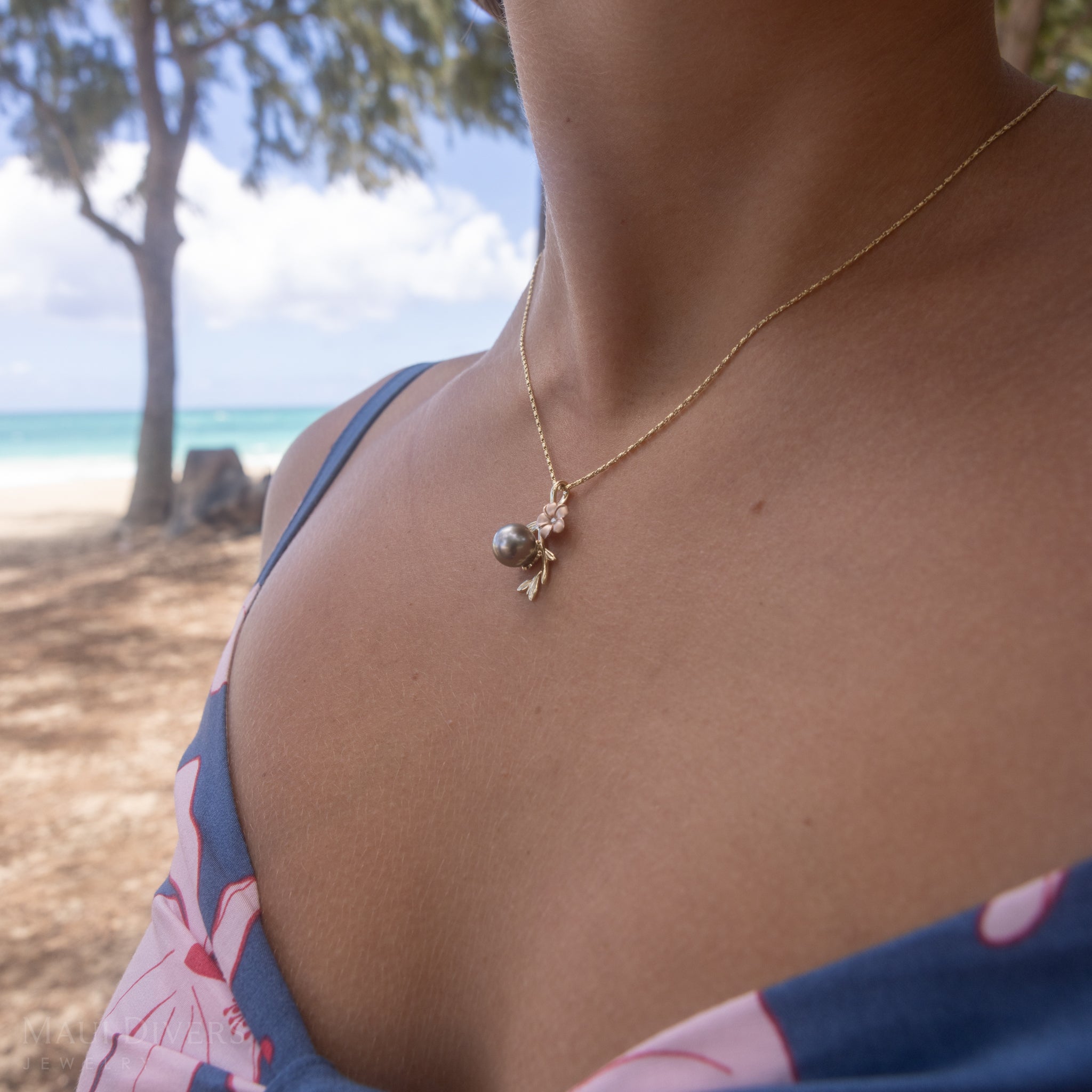 Pearls in Bloom Plumeria Tahitian Black Pearl Pendant in Two Tone Gold with Diamond - 25mm
