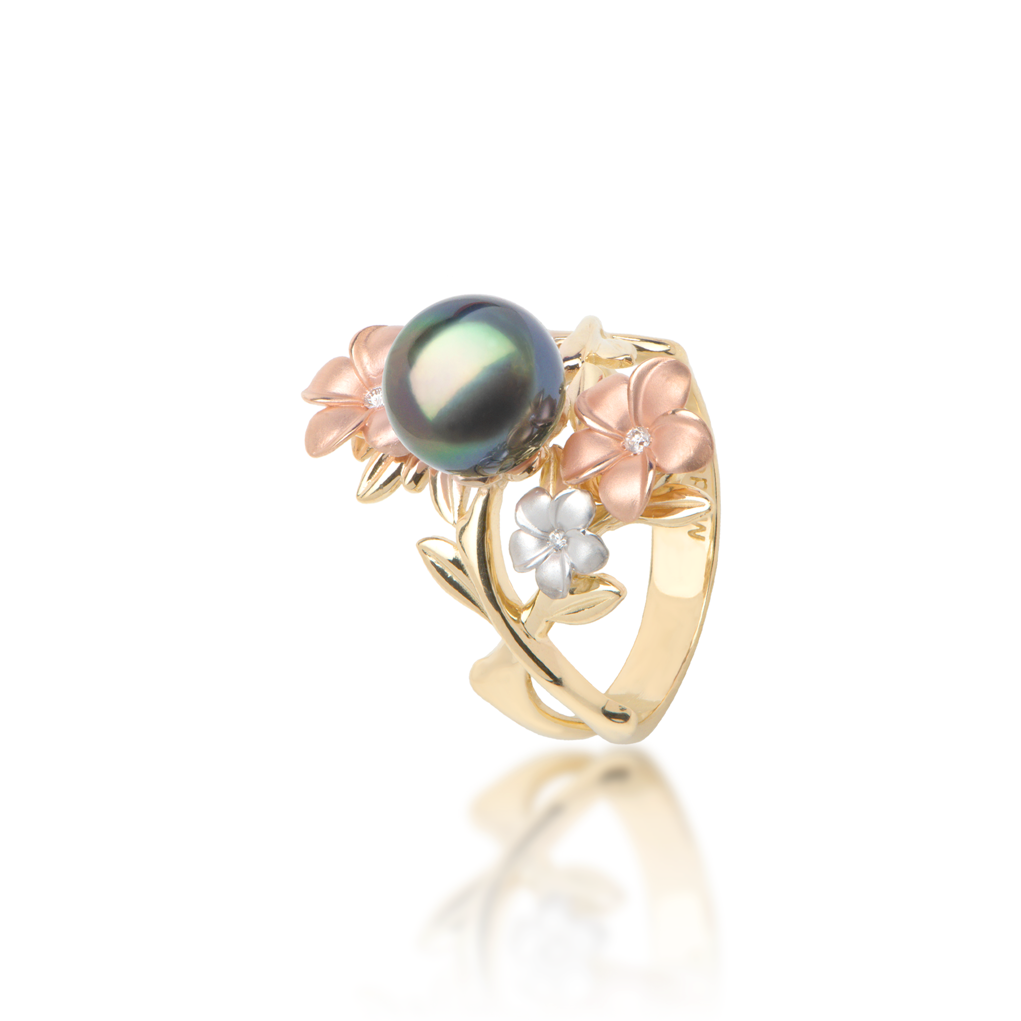 Pearls in Bloom Plumeria Tahiti-Ring mit schwarzen Perlen in dreifarbigem Gold mit Diamanten – 22 mm