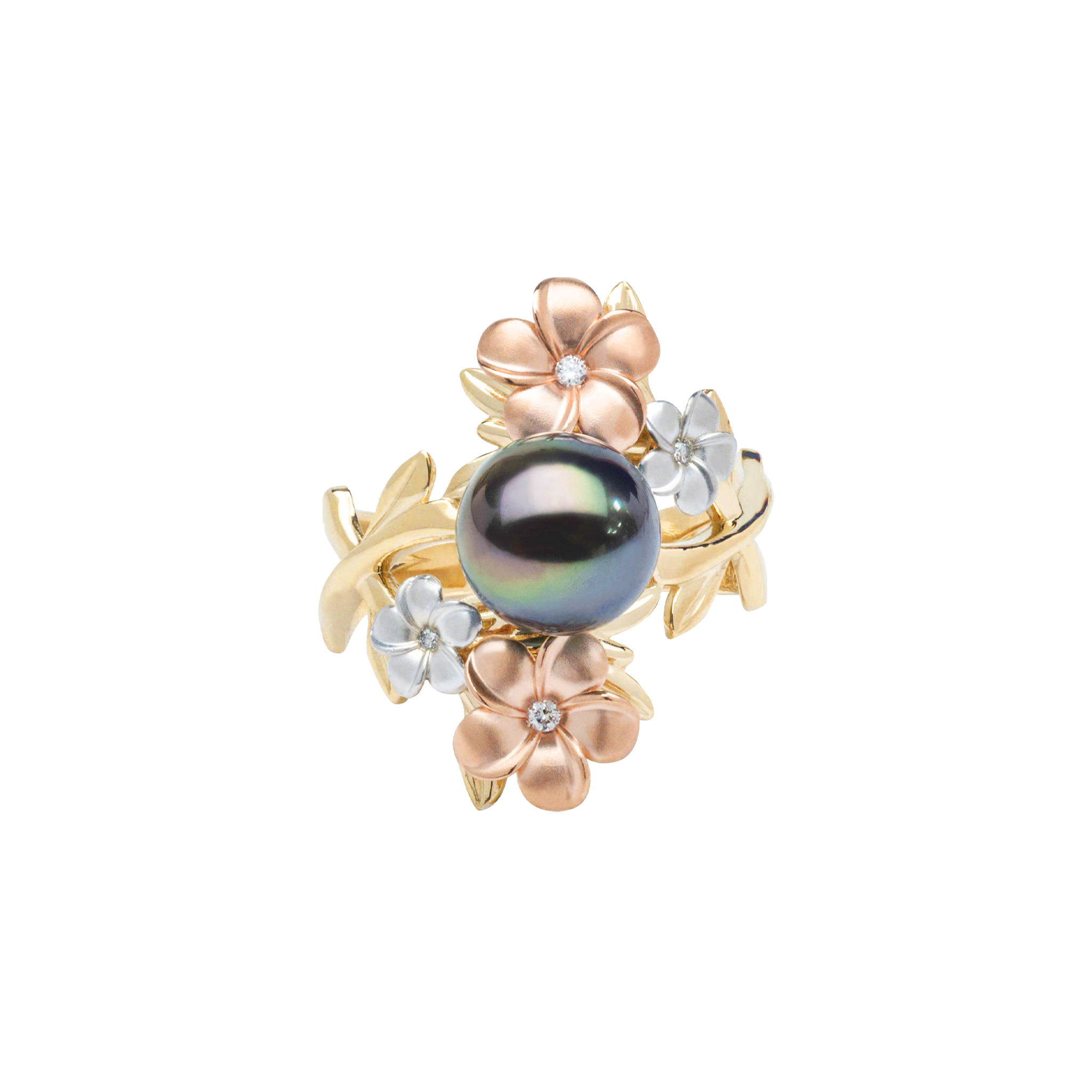 Bloom Plumeria Tahitianブラックパールリングダイヤモンド -  22mm