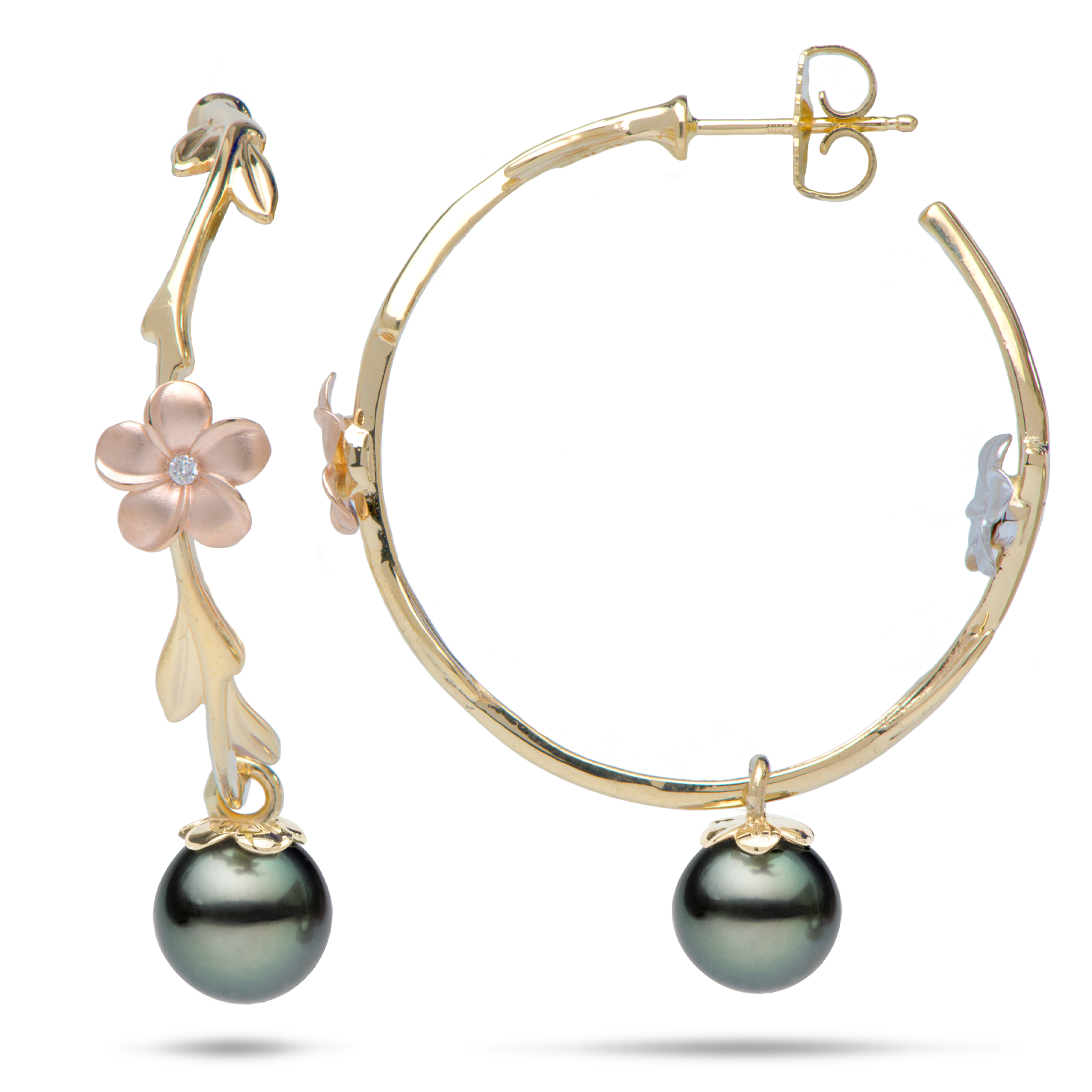 Pearls in Bloom Plumeria Schwarze Tahiti-Perlenohrringe in dreifarbigem Gold mit Diamanten – 33 mm